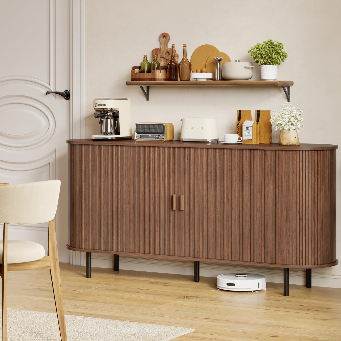 Buffet Sideboard Cabinet with Storage, 63" Fluted Cabinet with Sliding Door & Adjustable Shelf, Modern Accent Coffee Bar Console Table for Kitchen, Entryway, Walnut