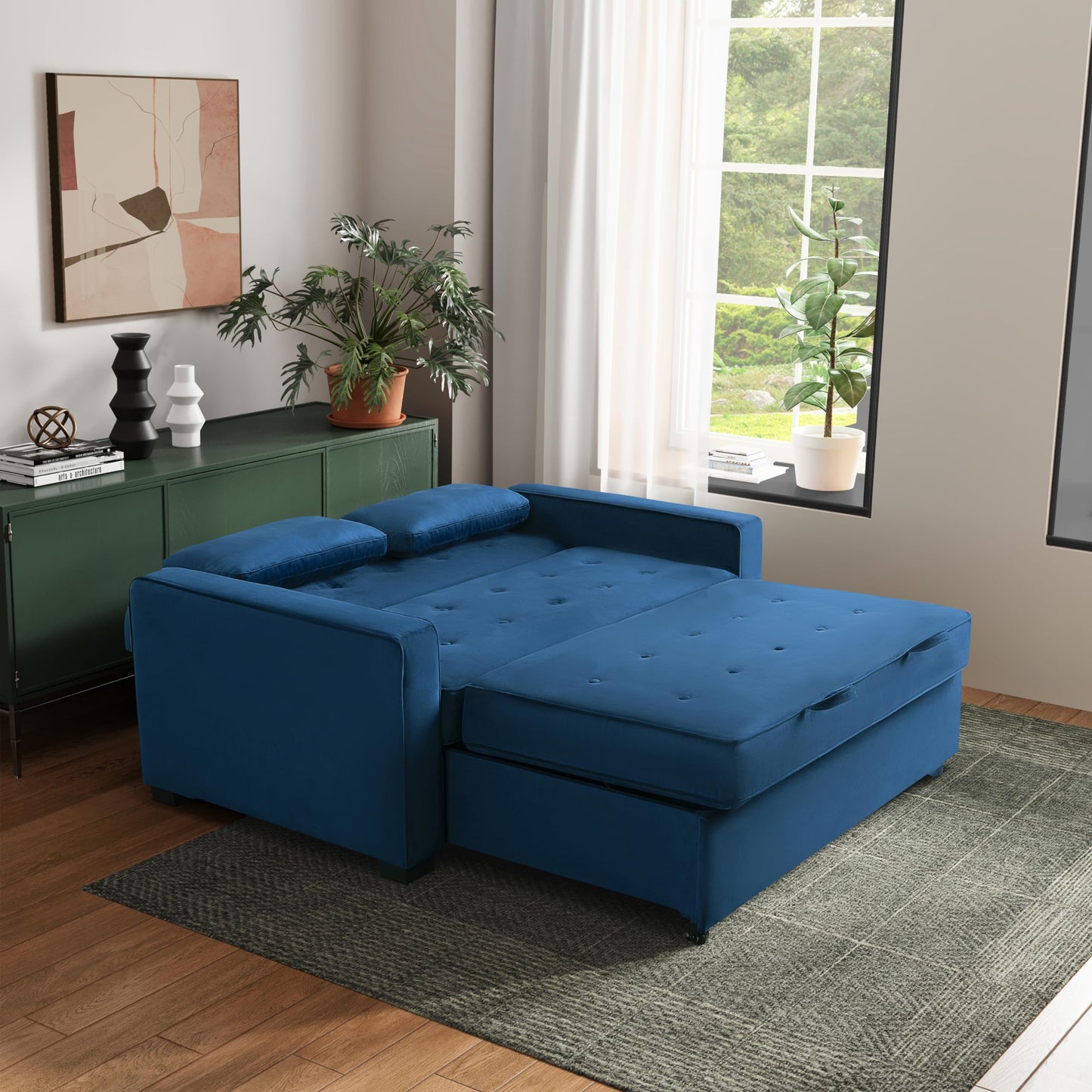 Serta Ainsley 66.5" Convertible Sleeper Loveseat, Full Size, Dreamcoil Comfort, Soft Velvet Fabric, Navy