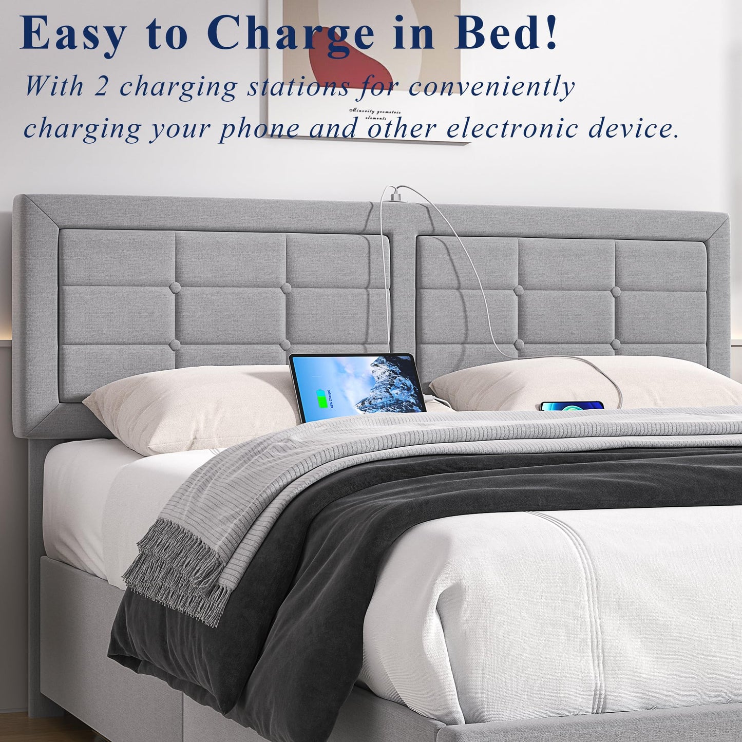 VECELO Queen Size Bed Frame with 4 Storage Drawers & Adjustable Headboard, Built-in Charging Station, Upholstered Bedframe with Wood Slats Support, Light Grey