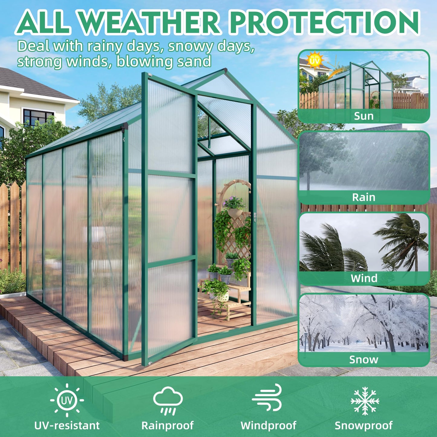 6x10FT Walk-in Polycarbonate Greenhouse Kit, Heavy Duty Aluminum Frame Outdoor Greenhouse with Raised Base, Vent & Drainage System, UV Resistant Plant House for Backyard Garden All Season Use