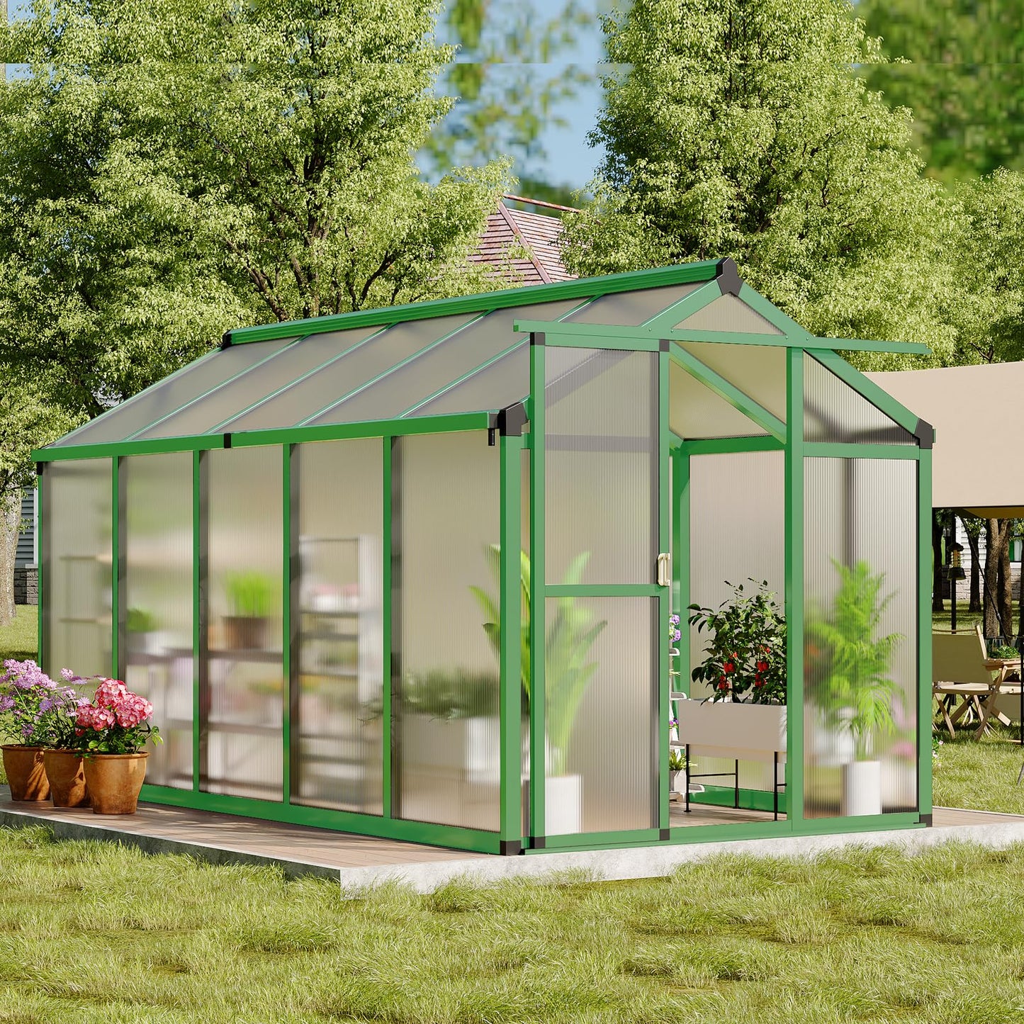 Greenhouse, 6x10 Ft Outdoor Greenhouses, Accessible Green House with Roof Vents and Sliding Doors, Aluminum Frame Polycarbonate Greenhouses, Large Greenhouse for Outdoor Gardens and Backyards, Green