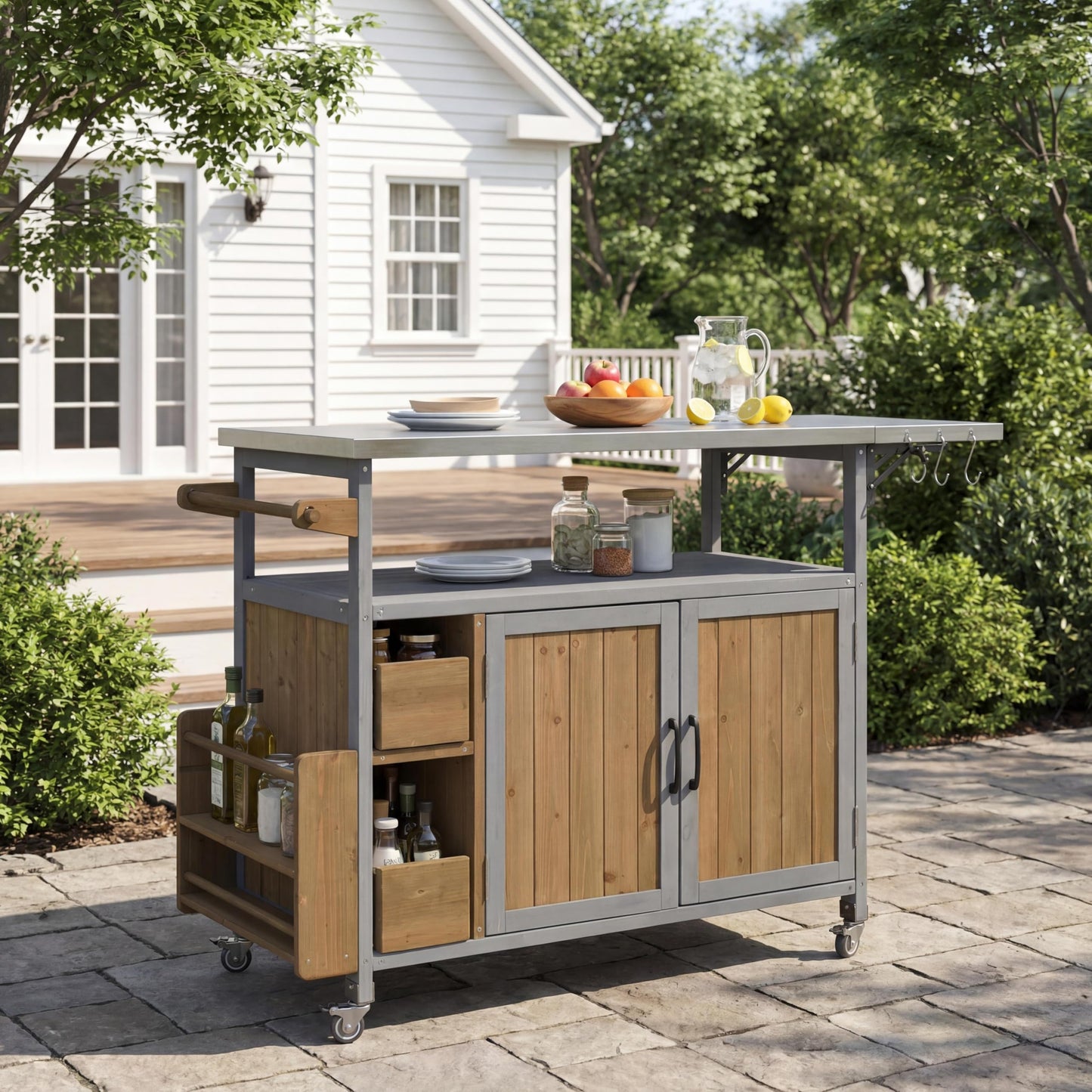 Christopher Knight Home Edsel Outdoor Bar Cart with Stainless Steel Top and Lockable Wheels, Solid Wood Outdoor Storage Cabinet, Kitchen Island Serving Cart for Poolside, Walnut Brown+Blue Gray