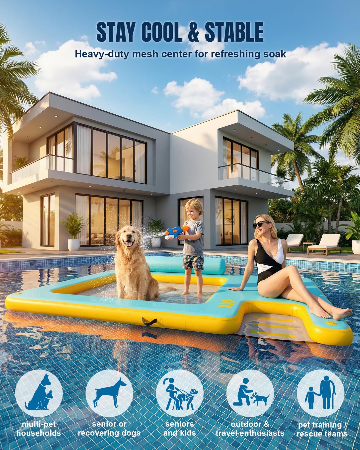 Inflatable Floating Dock for Dogs & Family Water Fun, 8FT/10FT Large Floating Island with Water Hammock and Easy-Access Dog Ramp, Portable Swim Platform for Lakes, Boats, Beaches and Pools