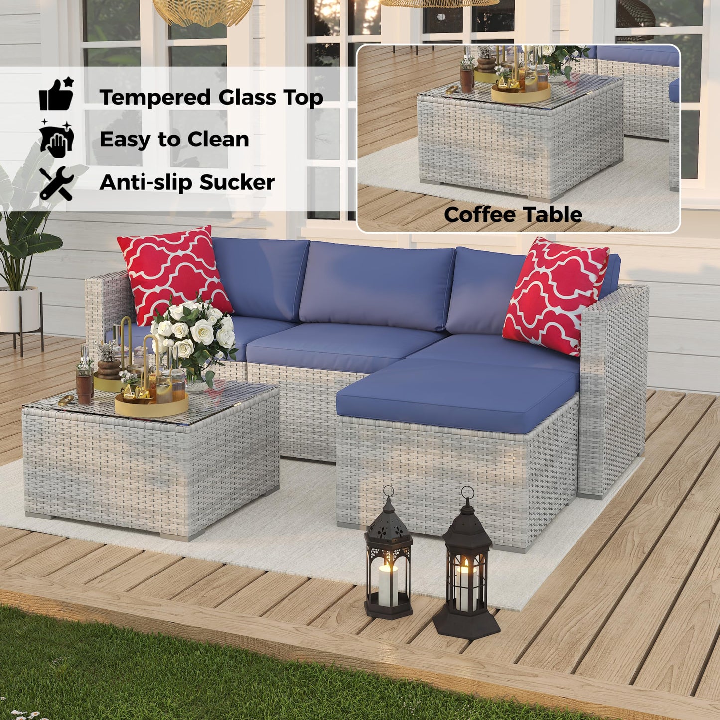 5 Piece Patio Furniture Set, PE Wicker Modern Patio Conversation Set, Outdoor Furniture Set with Glass Coffee Table for Garden, Poolside, Backyard, Grey & Blue