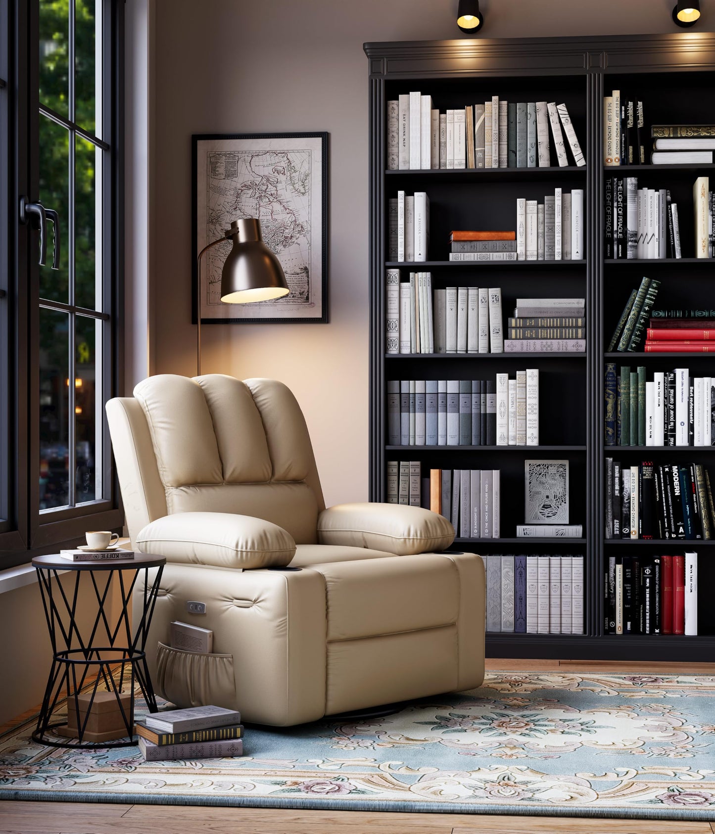 IDEALHOUSE Power Recliner Chair with Massage and Heat, Leather Fabric Reclining Sofa Chair, 360° Swivel Recliner Chairs with Cup Holder for Living Room, Bedroom, Nursery, Beige