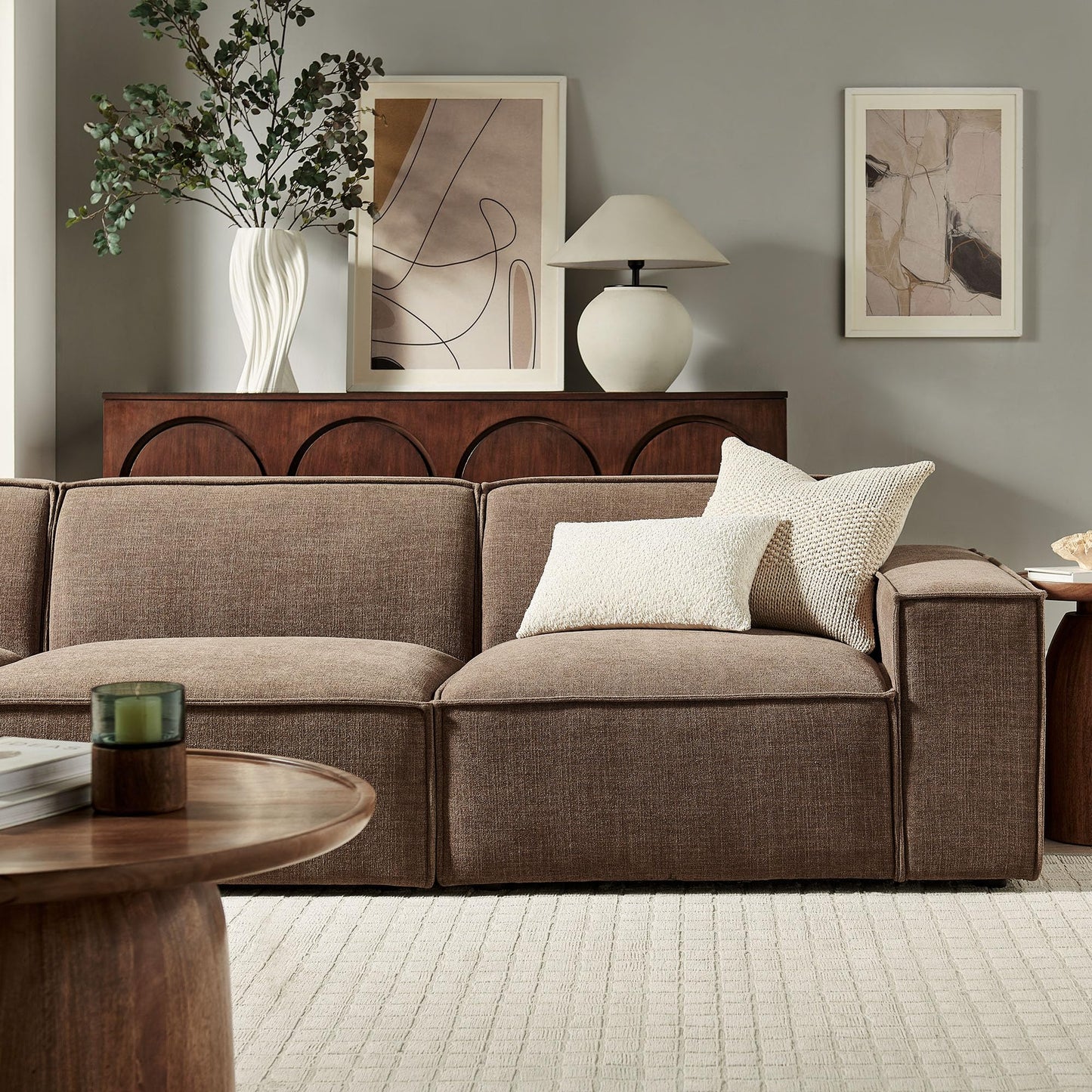 Modway Restore Performance Fabric Upholstered 3-Piece Modular Sofa Set in Mocha - Low Profile Sectional Sofa with Coil Seat Support and French Piping
