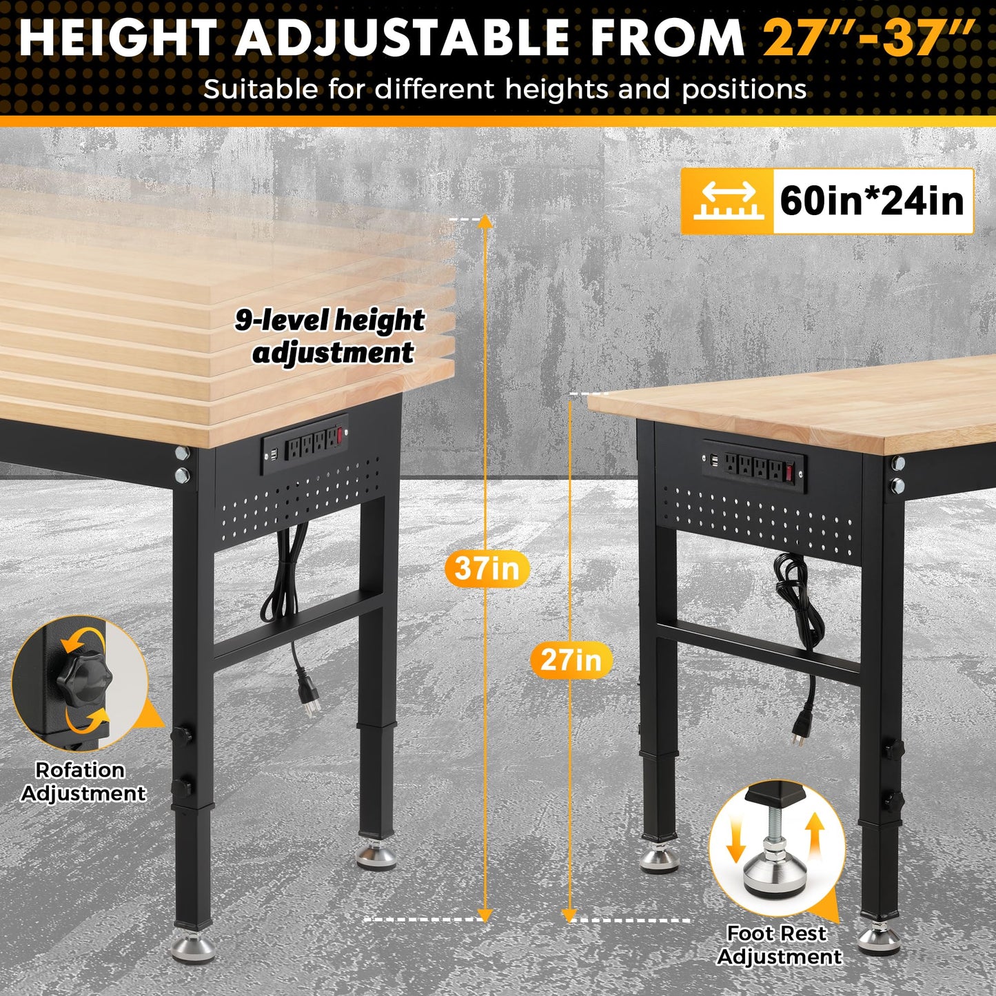 60" Adjustable Workbench with Rubberwood Top & Power Outlet,Large 60 x24Inch 9-Level Height Range 27"-37", 2000 LBS Heavy Duty Capacity for Workshop, Office, Garage, Home