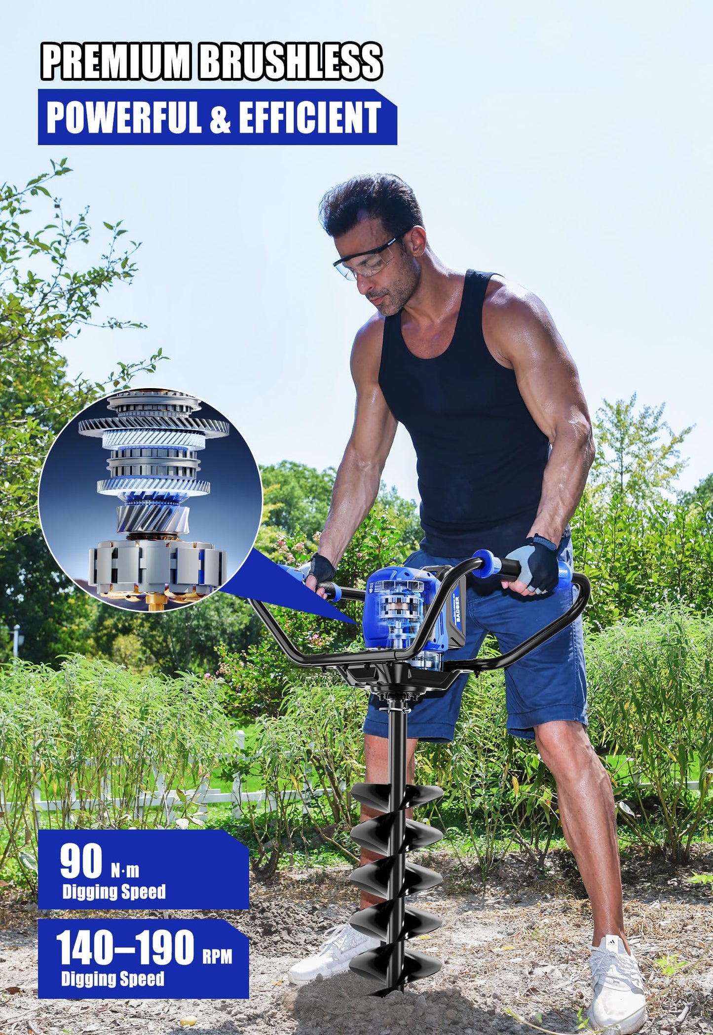 Wild Badger Power 40V Brushless Cordless Earth Auger, Electric Post Hole Digger for Fence Posts with Drill Bit 8'', for Garden & Plant, Battery and Charger Included