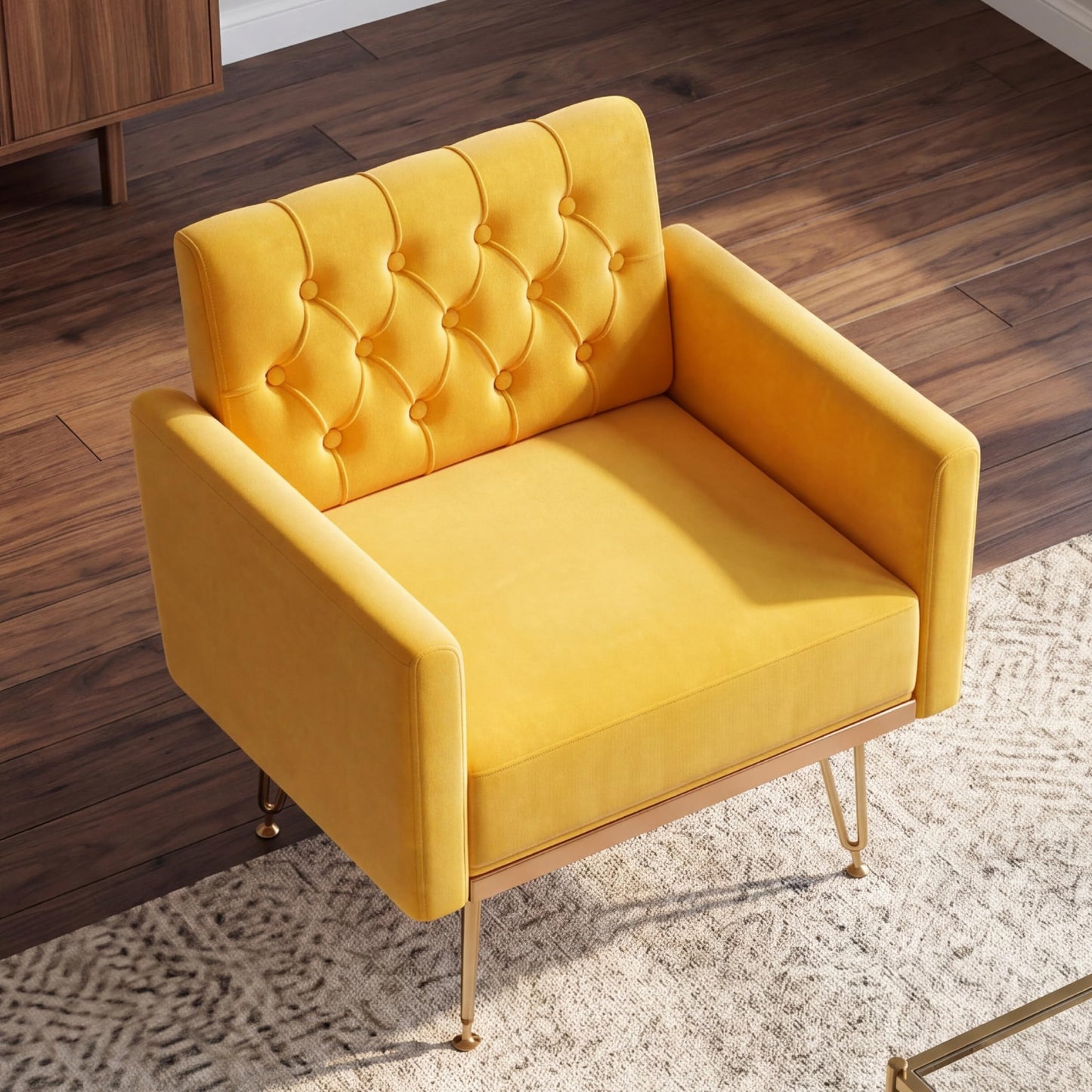 KEIKI Small Velvet Accent Chair, 31 Inch Modern Tufted Upholstered Armchair with Metal Leg, Comfortable Single Sofa Side Reading Chairs, Comfy Arm Chair for Bedroom Living Room, Easy Assembly, Yellow