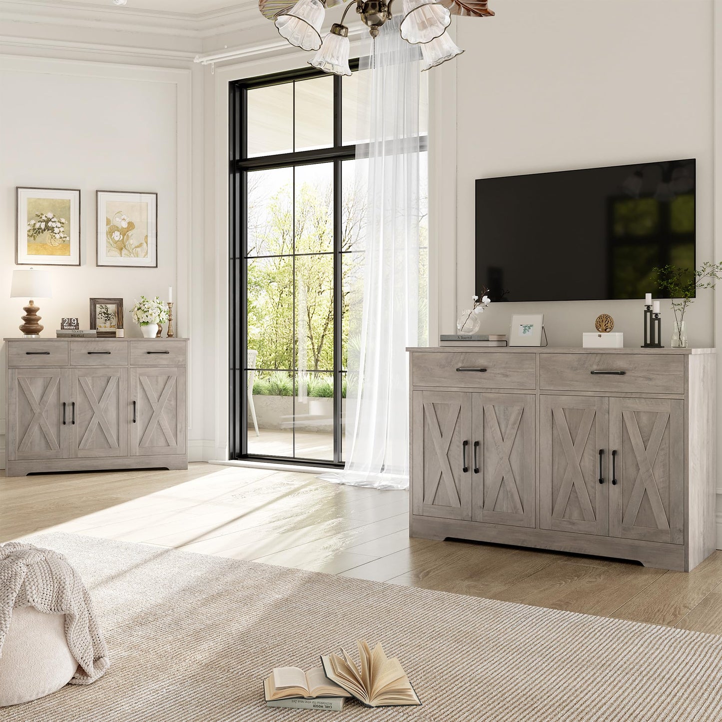 HOSTACK Buffet Cabinet with Storage, 47.2" Kitchen Sideboard Buffet with Drawers, Modern Farmhouse Coffee Bar Station with Shelves, Barn Doors Storage Cabinet for Living Room, Ash Grey
