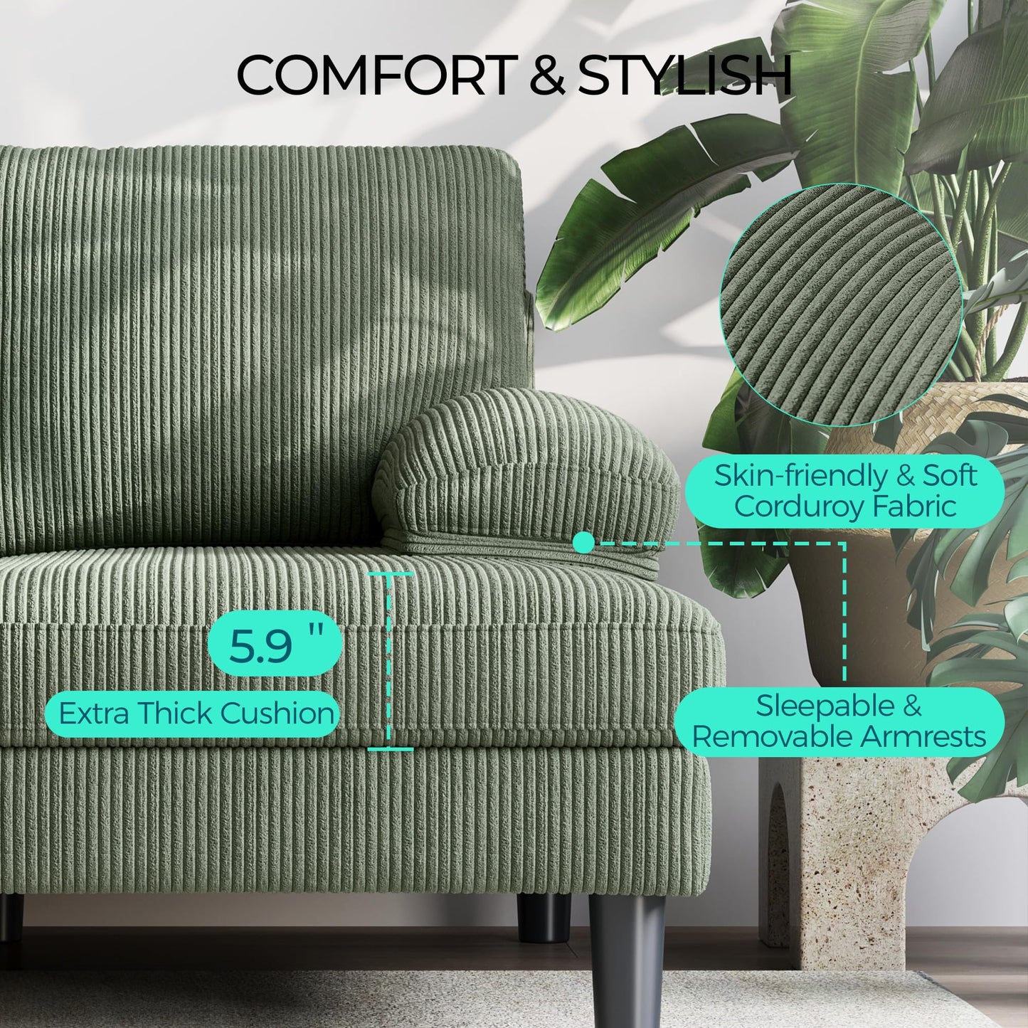 LINSY HOME Sectional Couch, 105'' W Corduroy U Shaped Sofa with Sleepable Armrests, 4 Seat Couch with Double Chaises, Deep Sofa for Living Room, Green