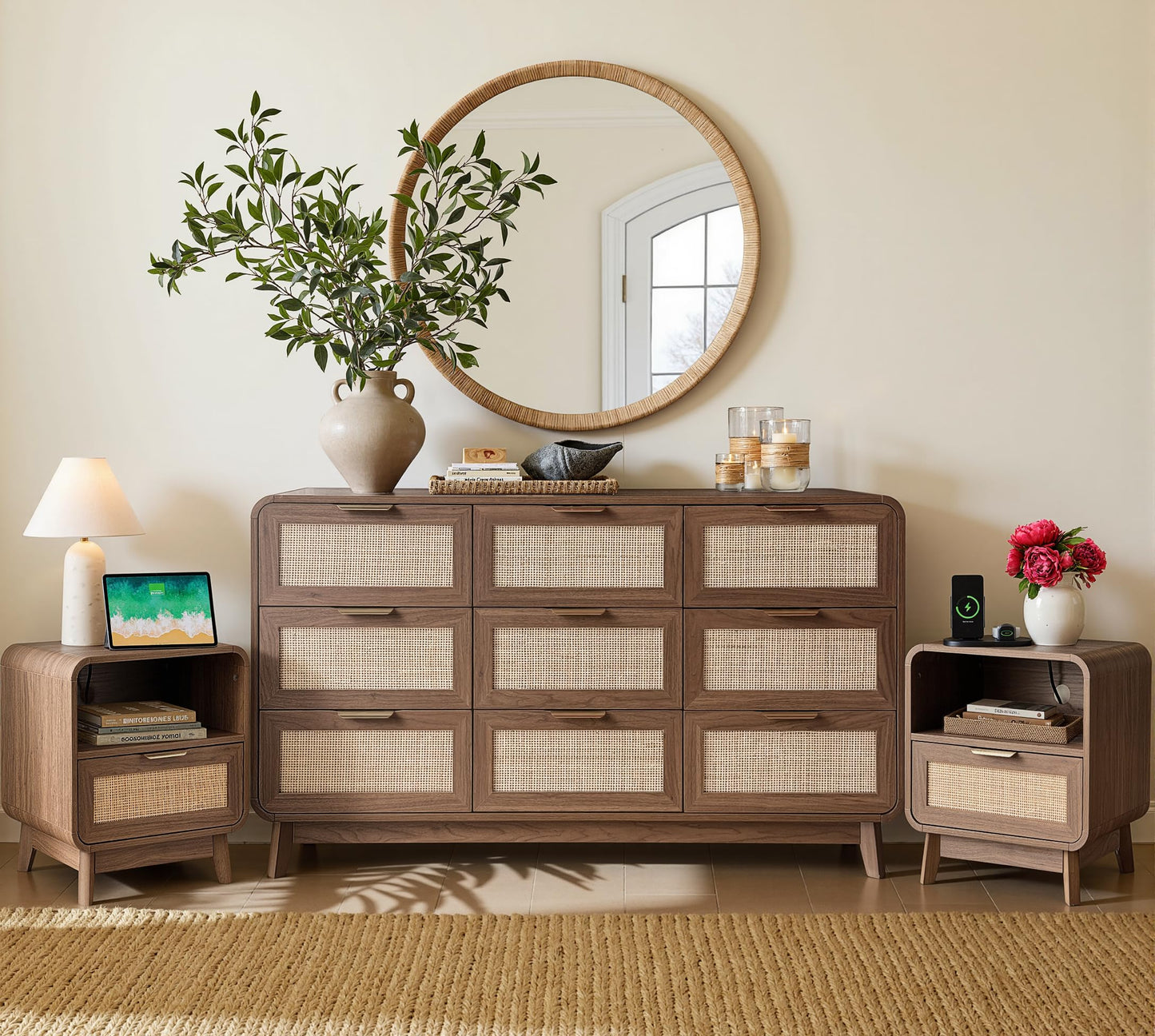 FORTUNETEC 55" Rattan 9 Drawer Dresser, Modern Farmhouse & Boho Wooden Chest of Drawers with Walnut Wood Grain, Multifunctional Storage Bedroom Set for Bedroom, Living Room, TV Stand