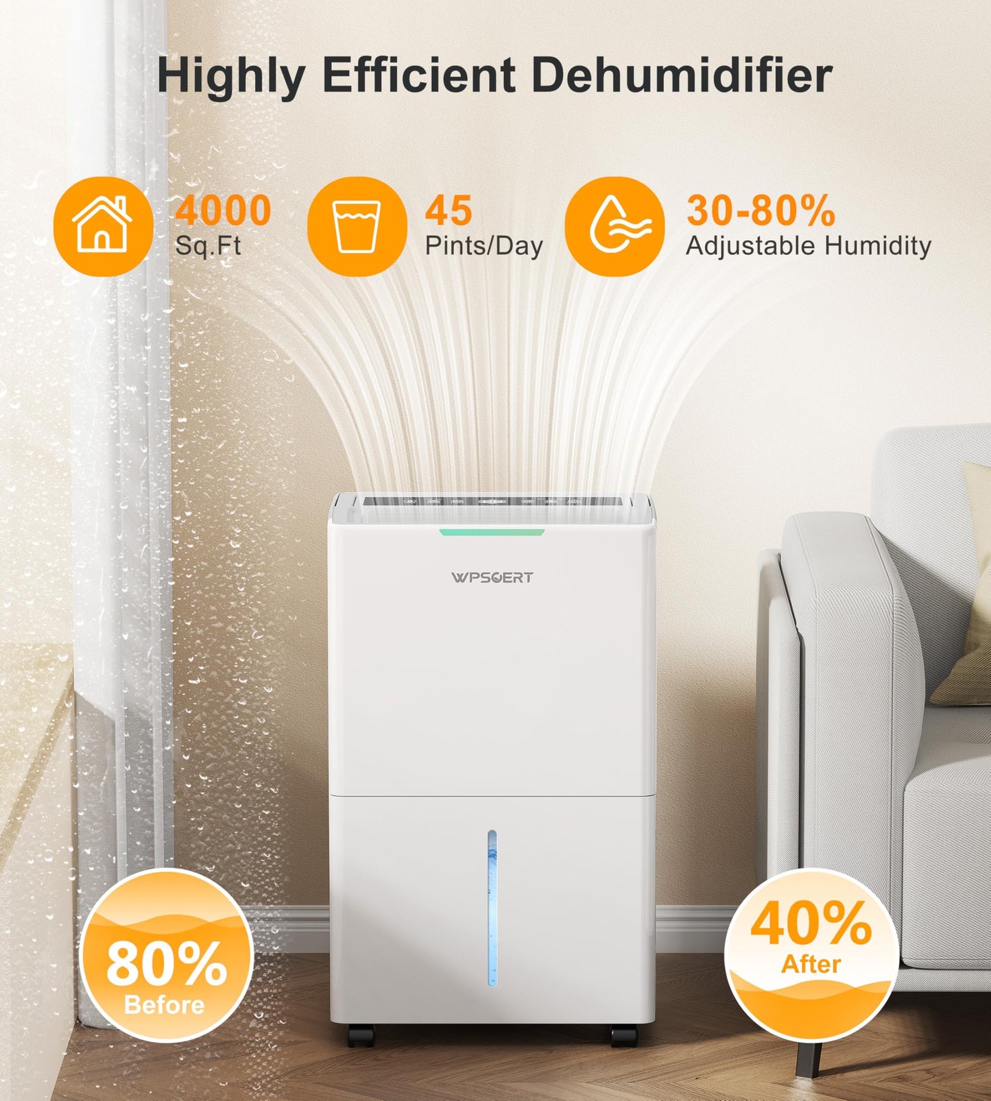 WPSOERT 4000 sq.ft Dehumidifier for Basement with Drain Hose, 45 Pint Dehumidifiers for Home, Smart Compressor Dehumidifies for Large Room, Bedroom, 3 Modes, Intelligent Humidity Control, Auto Defrost
