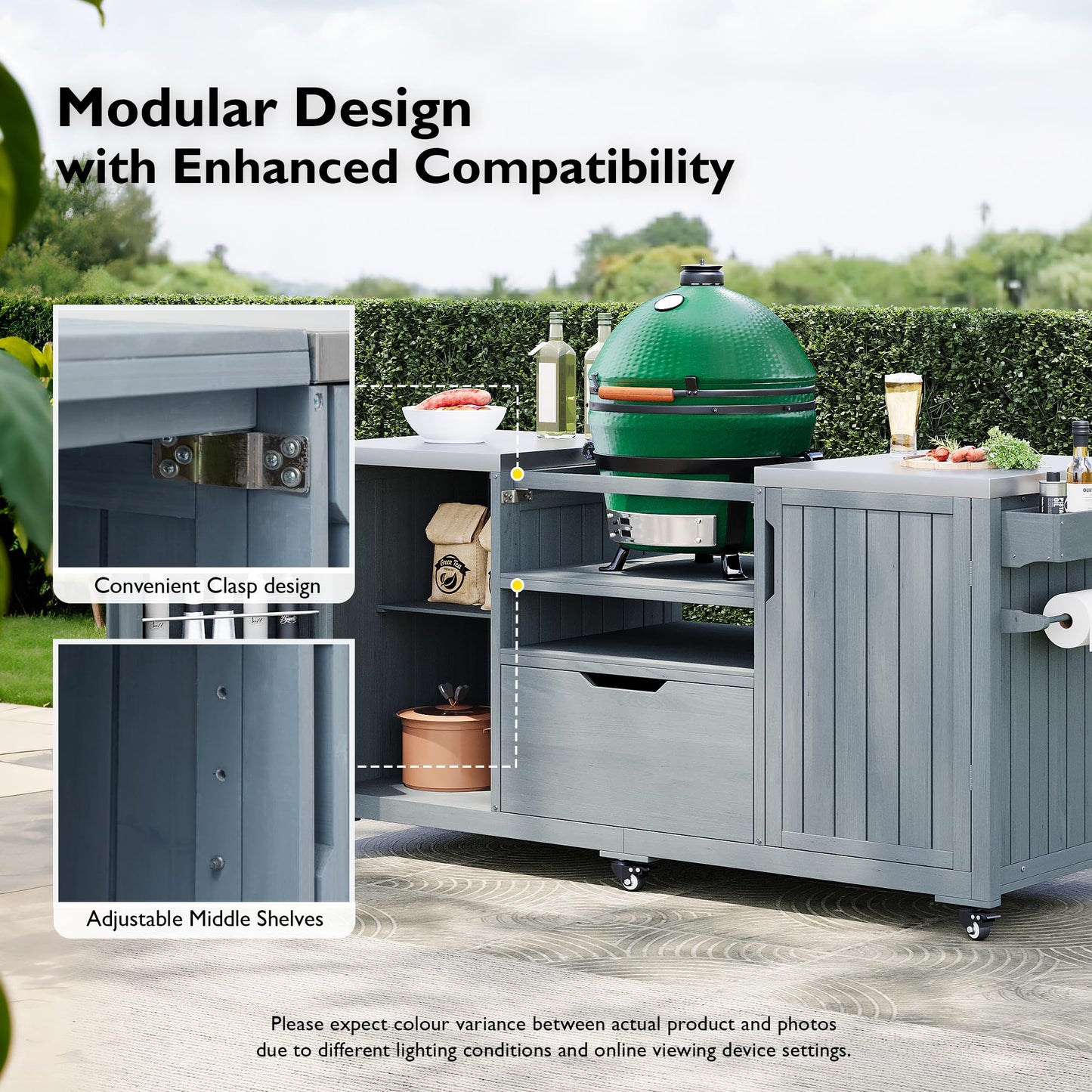 Merax Outdoor Kitchen Island for Big Green Egg, 66.5" Grill Cart with Stainless Steel Top, Storage Cabinet, Wheels, Solid Wood Grill Table, Kamado Joe Compatible