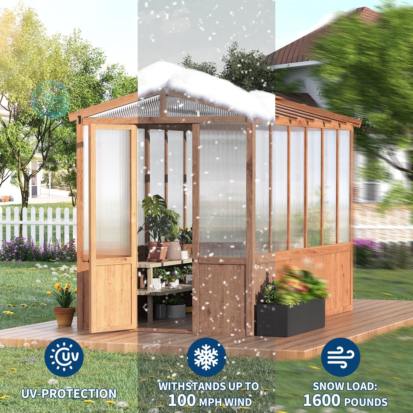 GarveeLife 6x10FT Wooden Greenhouses for Outdoors, Wooden Walk-in Green House with Cedar Frame, Greenhouse Kit with 6MM Thick Polycarbonate Panel