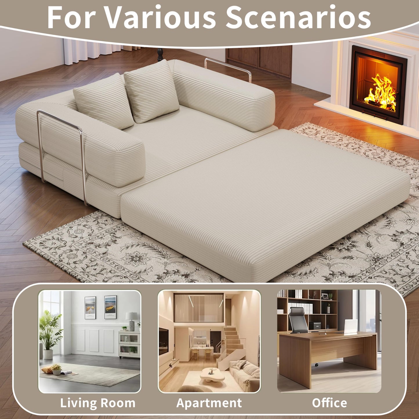 4 in 1 Convertible Sofas Boneless Couches with 2 Pillow, Modern Corduroy Futon Bed, Modular Queen Sofa with Pull-Out Bed, LoveSeat for Living Room, Small Space Apartment (Beige, 53.15"Double Sofa)
