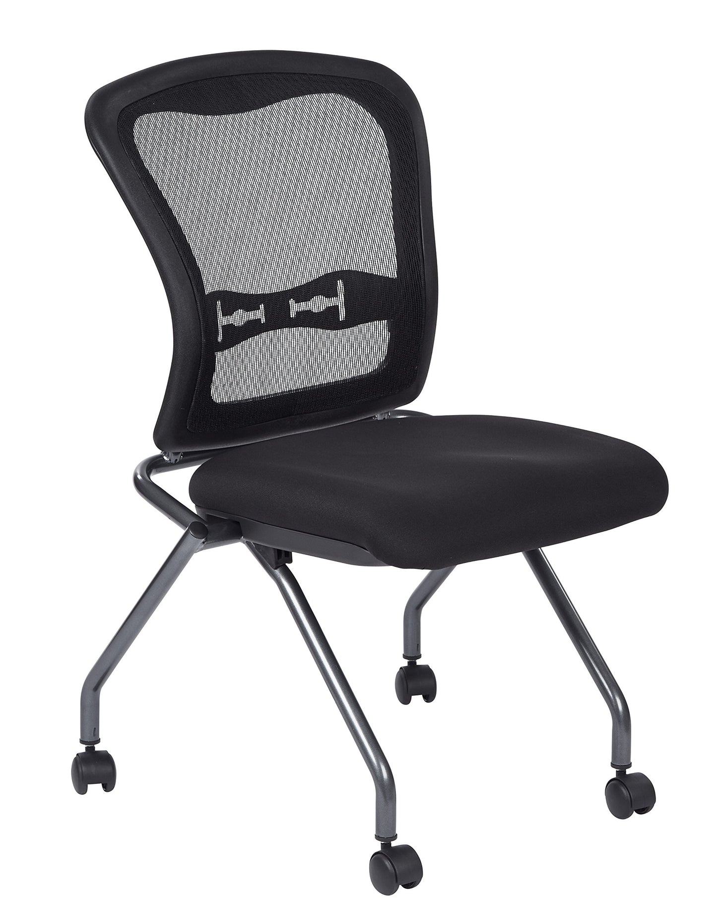 Office Star Deluxe Breathable ProGrid Back Armless Folding Chair 2-Pack with Rolling Casters and Titanium Finish Frame, Coal FreeFlex