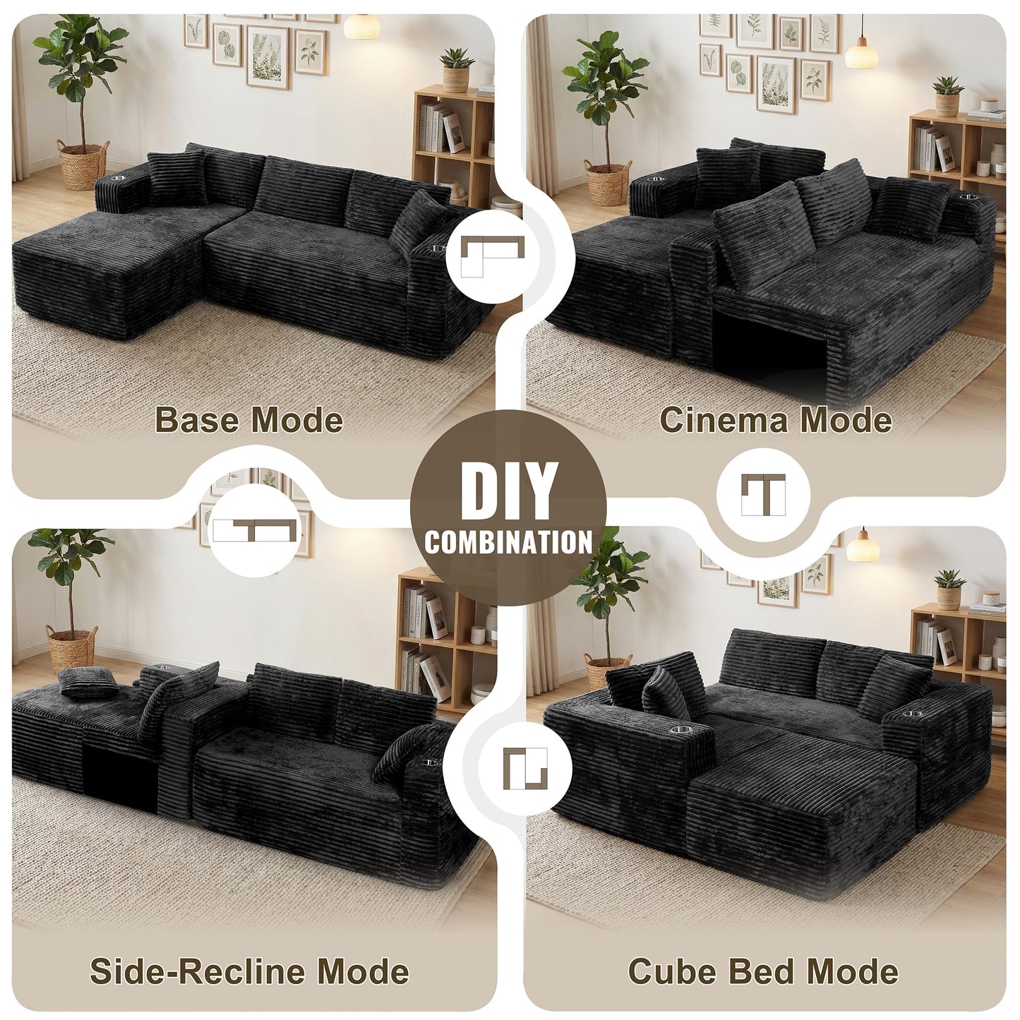 Shintenchi Boneless Couches for Living Room with 2 Cup Holders,L Shaped Modular Sectional Sofa Set,No Assembly Needed Plush Corduroy Living Room Set,Black
