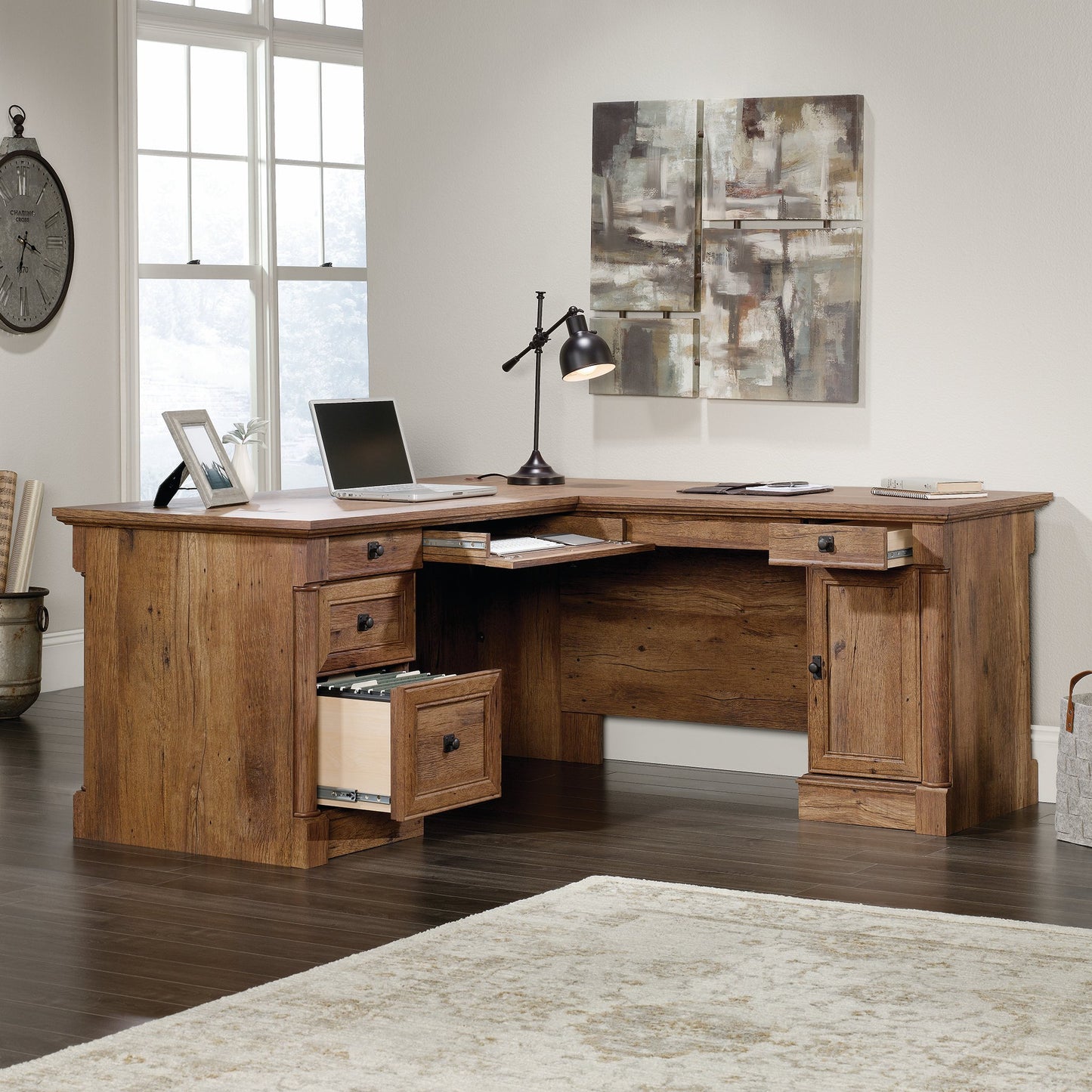Sauder Palladia L Shaped Desk with Drawers, Office Desk with File Cabinet Storage, Cable Management, Keyboard Tray, in Vintage Oak Finish