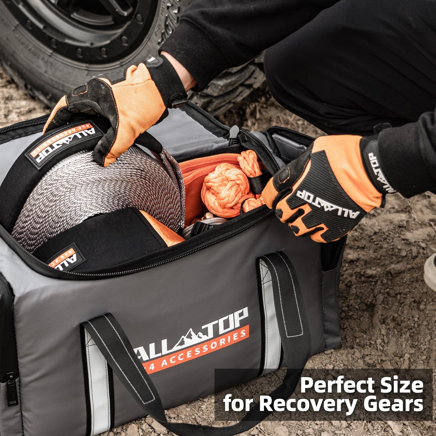 ALL-TOP Recovery Pack Pro 11in1: Water-Resist Offroad Gear Bag with Recovery Strap Kit(3), Damper, 2 Soft Shackles, SS Hitch Mount, Recovery Ring, Deflator & Gloves
