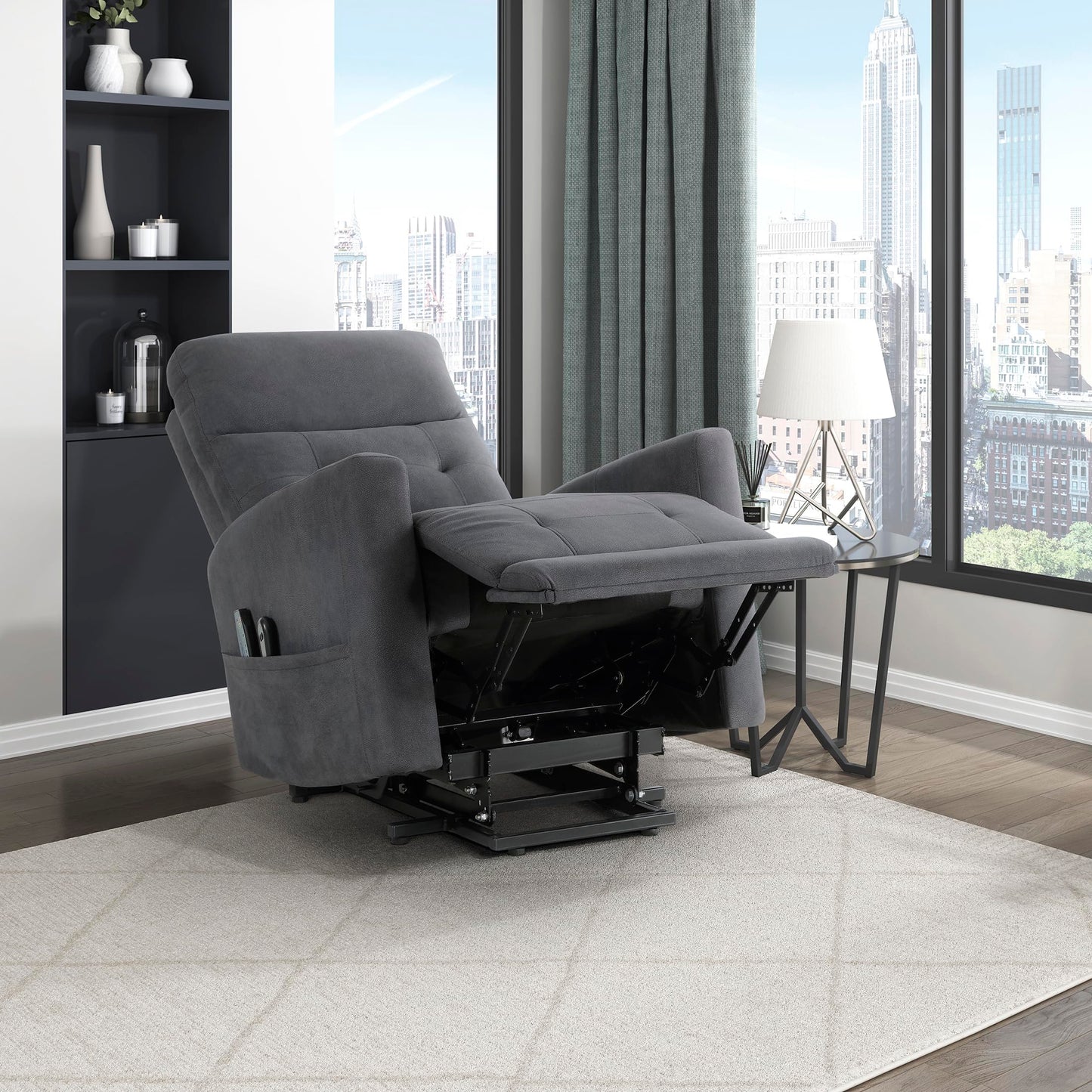 Lexicon Power Lift Recliner with Heat and Massage for Adults Elderly Ergonomic, Textured Microfiber Tufted Lounge Chair Classic Single Sofa Recliner with Side Pockets, Home Theater Seating, Dark Gray