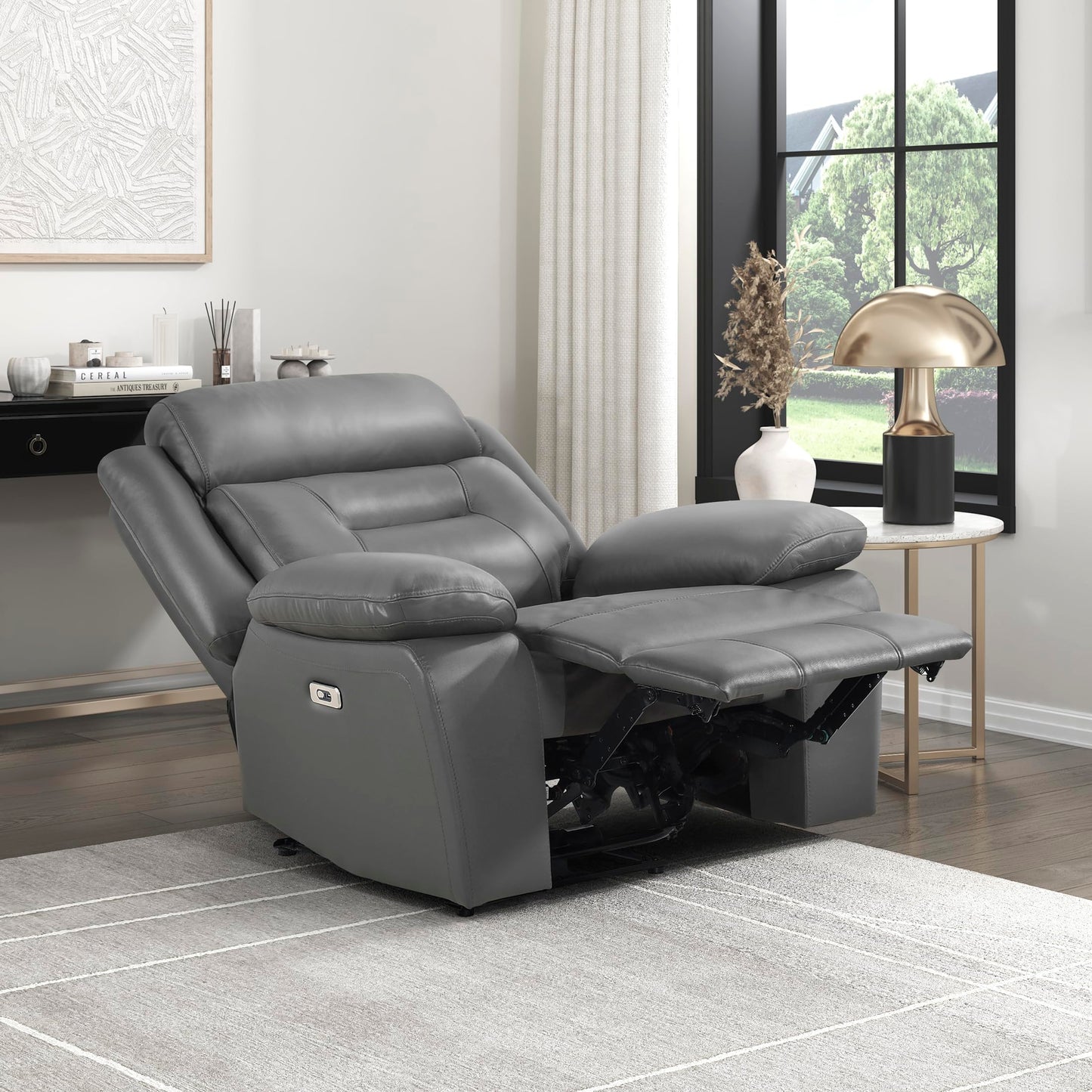 Lexicon Power Recliner Chair for Living Room, Top Grain Leather Match Recliner with Pillow Top Armrests, Home Theater Seating, Wall Hugger Recliners with USB Port, 40" W, Dark Gray