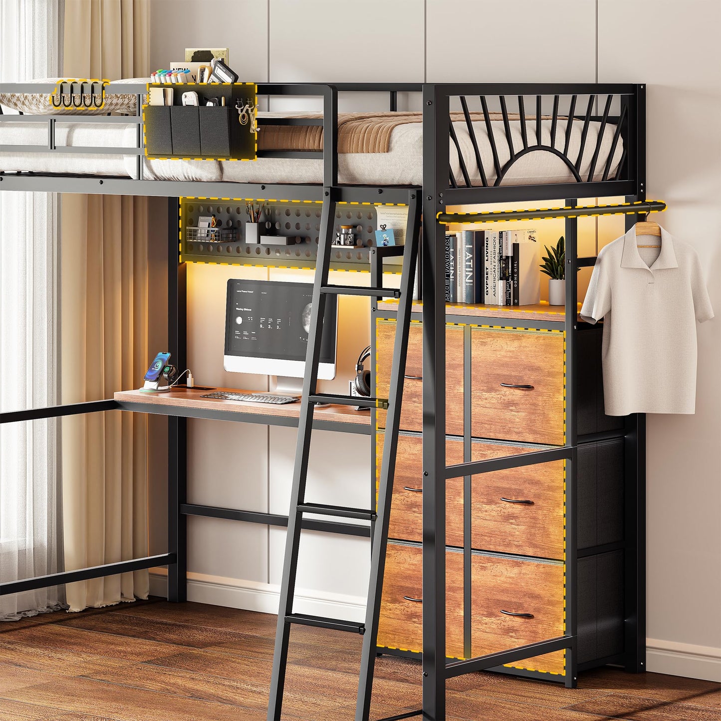 Decofy Twin Loft Bed with Desk and 6 Storage Drawers, Metal Twin Size Loft Beds with Charging Station, RGB LED Lights, and Pegboard & Hanging Rod for Kids, Teenager (Black)