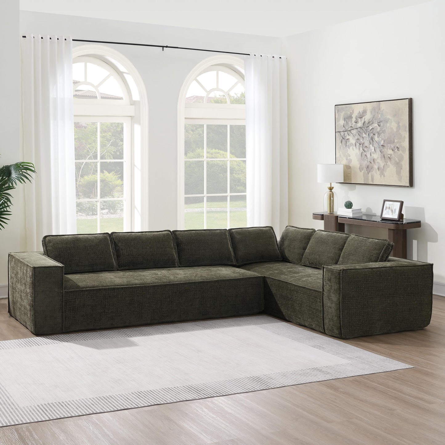 Merax Modern 129.5" L-Shaped Convertible Sectional Sofa with Cushions, Floor Modular 6-Seat Couch Set with Chaise for Living Room, No Assembly Requiered, Wrinkle-Resistant, Green