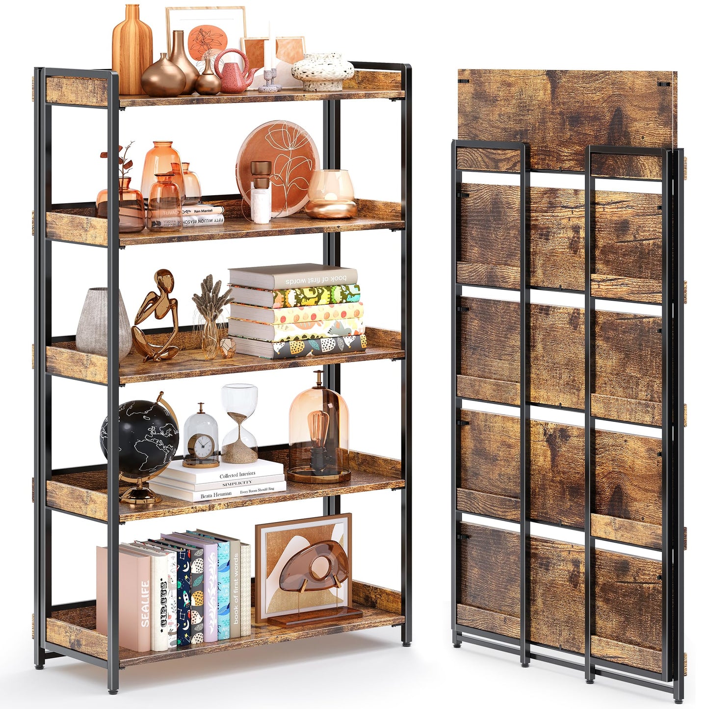 4NM Extra Wdie No Assembly Folding Bookshelf, 64.3" H x 30.9" W, 5 Tier Collapsible Book Shelf Bookcase Foldable Shelves for Bedroom Living Room Home Office - Rustic Brown & Black