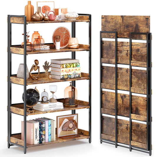 4NM Extra Wdie No Assembly Folding Bookshelf, 64.3" H x 30.9" W, 5 Tier Collapsible Book Shelf Bookcase Foldable Shelves for Bedroom Living Room Home Office - Rustic Brown & Black