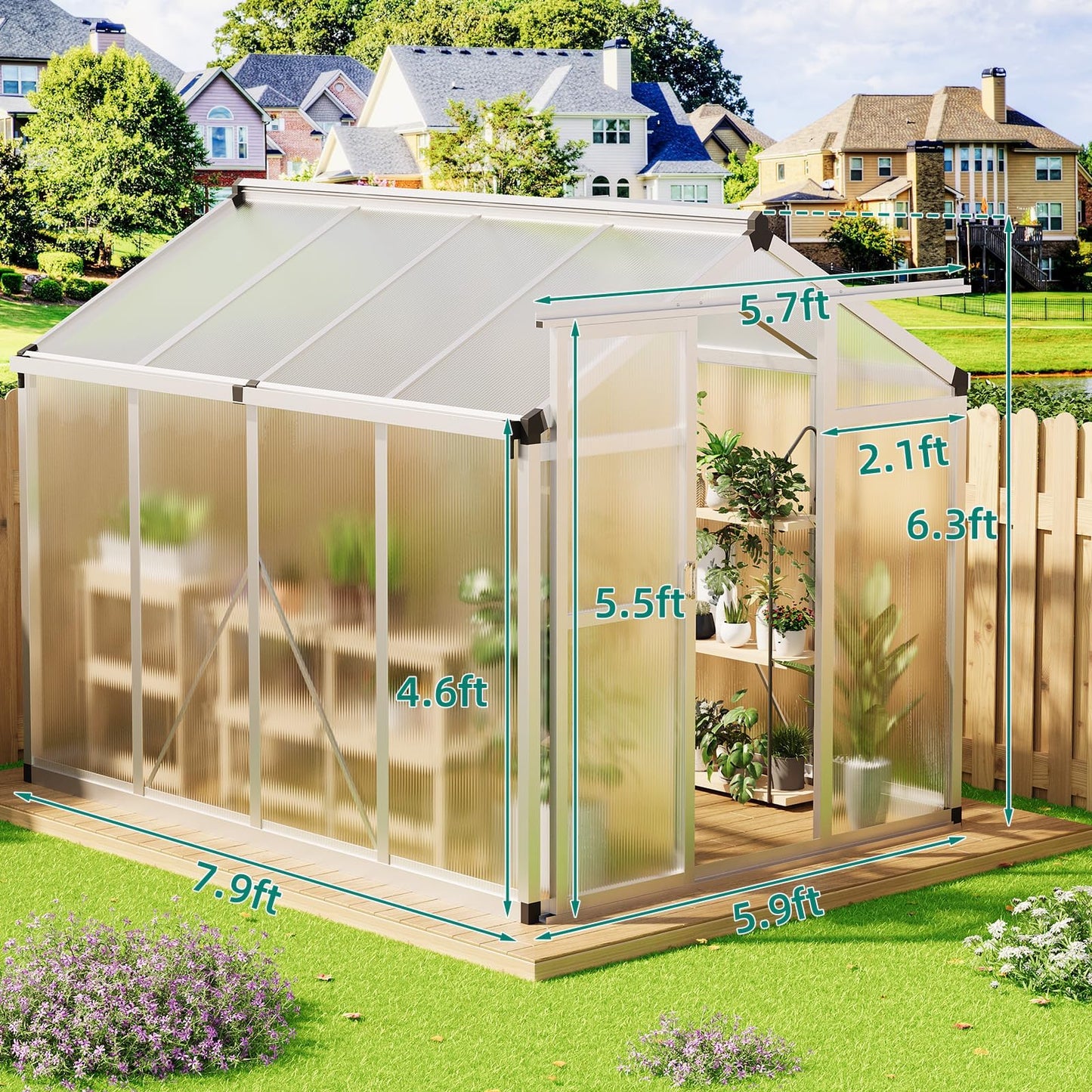 6x8 ft Greenhouse, Polycarbonate Walk-in Greenhouse for Outside with Roof Vent & Lockable Smooth-Gliding Sliding Door, Heavy-Duty Aluminum Green House for Garden, Backyard, Patio, Lawn, Sliver