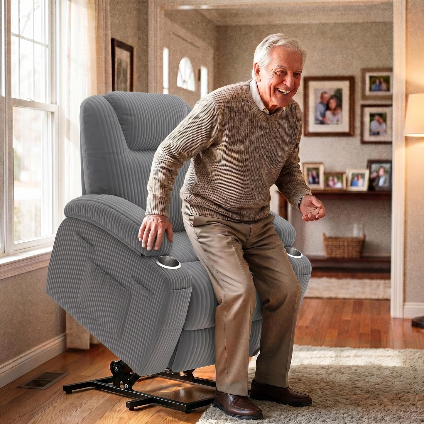 Flamaker Power Lift Chair Massage Recliner Chairs for Elderly, Corduroy Ergonomic Design with Cup Holders & Side Pockets, Remote Control (Dark Gray)