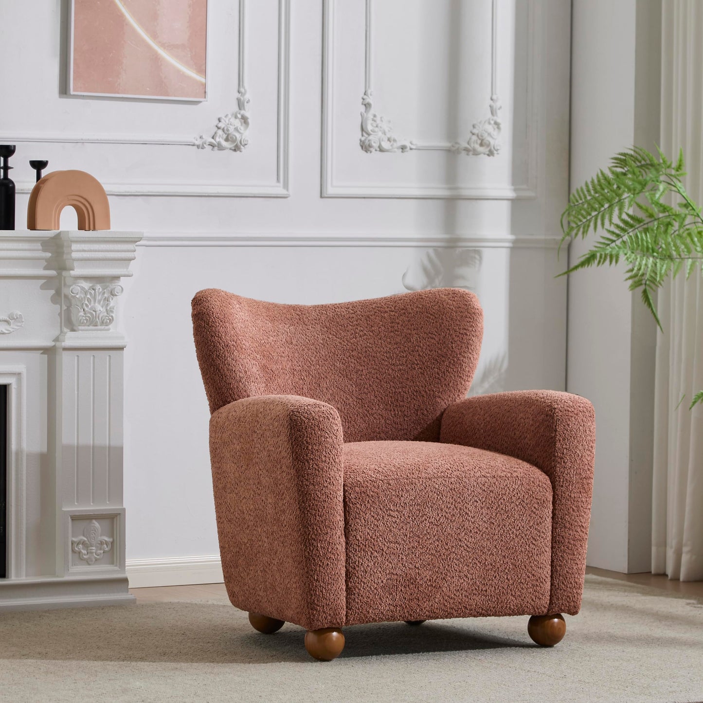 Christopher Knight Home Lindy Wingback Accent Chair, Upholstered Armchair with Rounded Wooden Legs, Curved Backrest Single Sofa, Soft Cushion Seating, Comfy Lounge Chair for Living Room, Dusty Coral