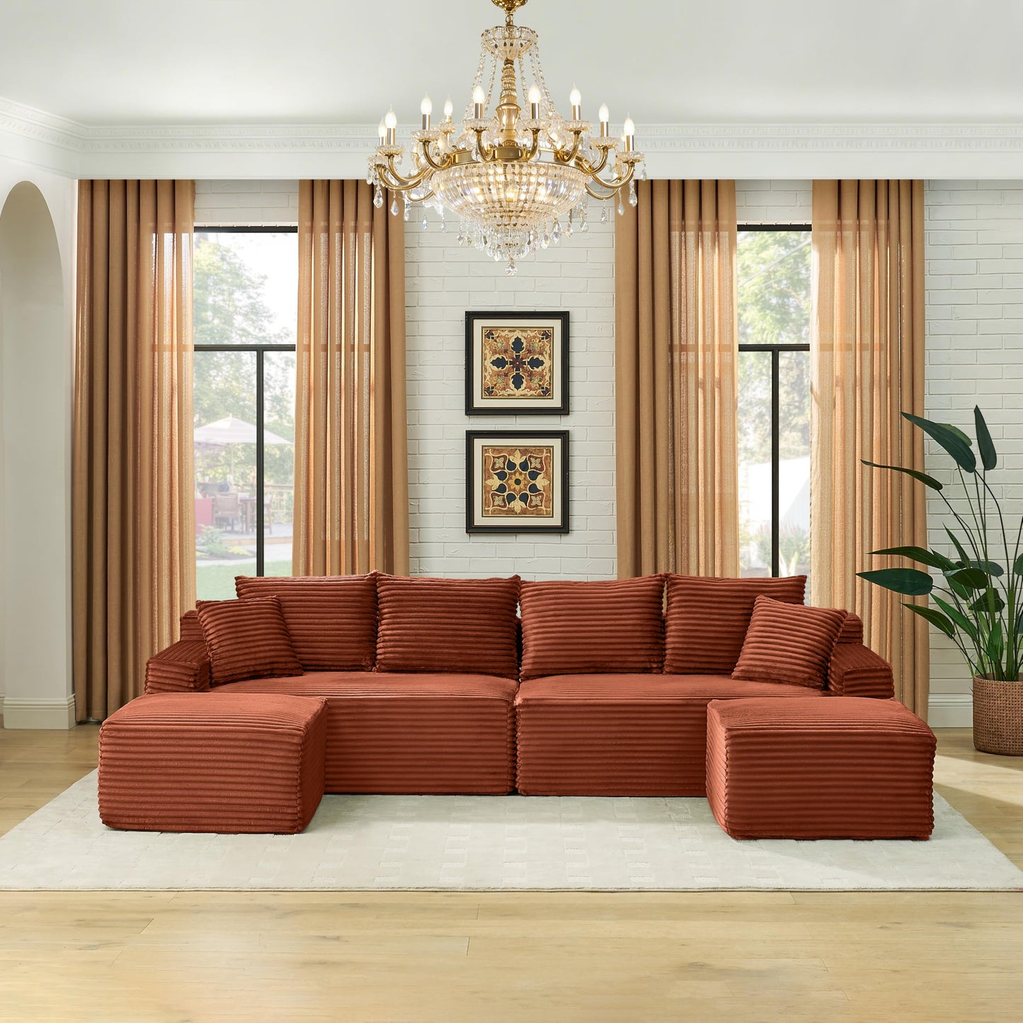 115" U-Shaped Cloud Sectional Couch, Front Facing Modular Compressed Boneless Sectional Sofa with Chaise Lounges, Plush Corduroy Boneless Symmetrical Sofa for Living Room