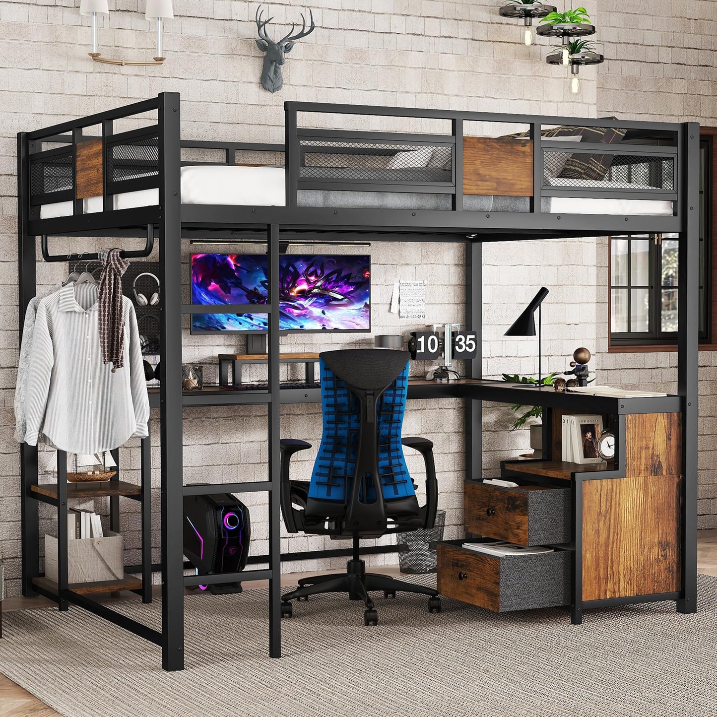 Bellemave Queen Size Loft Bed with Desk and Storage Drawers, Queen Loft Bed Frame with Computer Monitor Stand, Corner Shelf and Hanger Rod, Adults Loft Beds Frame, Black