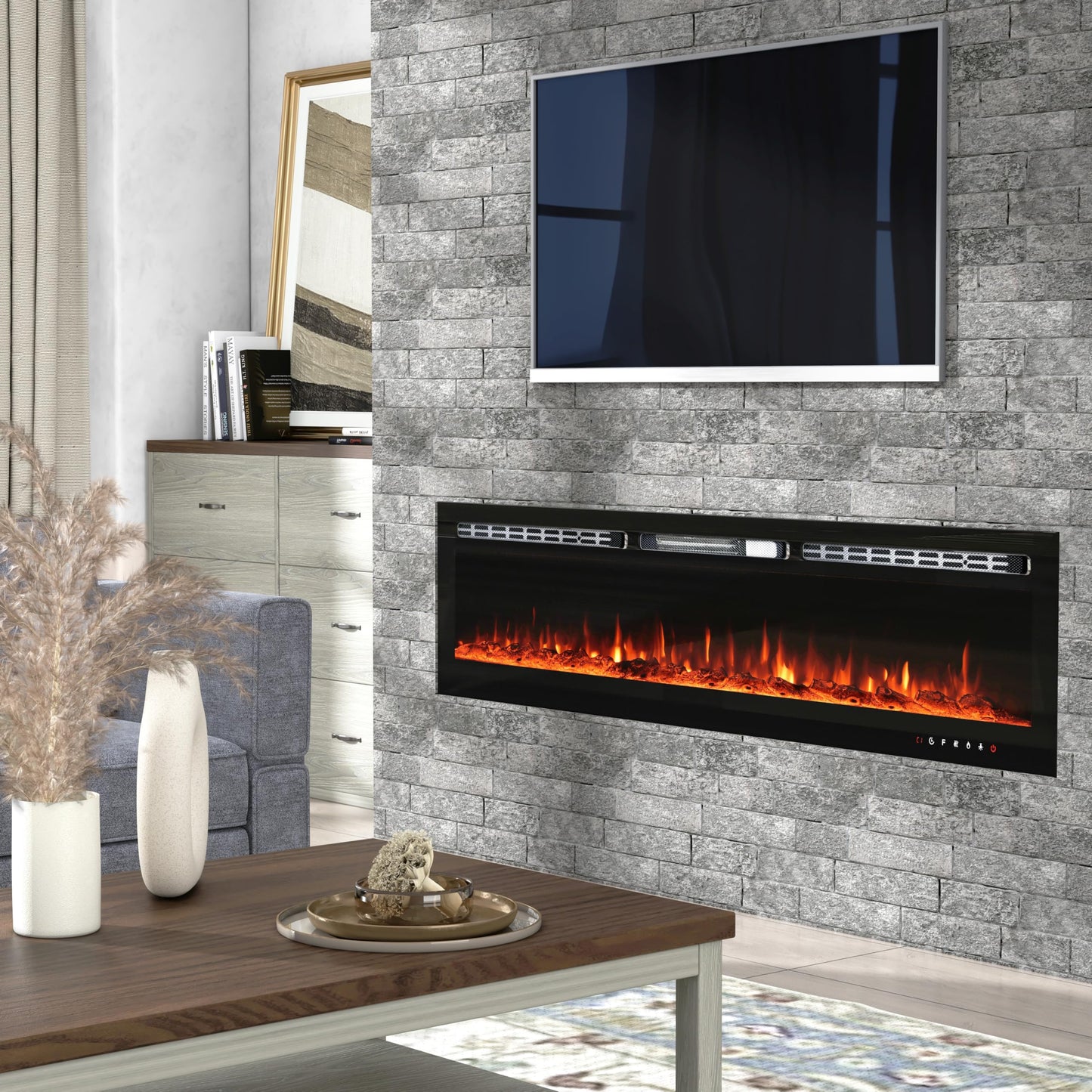 CharaVector 70 inch 750W/1500W Electric Fireplace Inserts with Remote Control in Wall Mounted, Energy Saving LED Insert Fireplace Heater Indoor Glass View with Remote Control & Touch Screen, Black