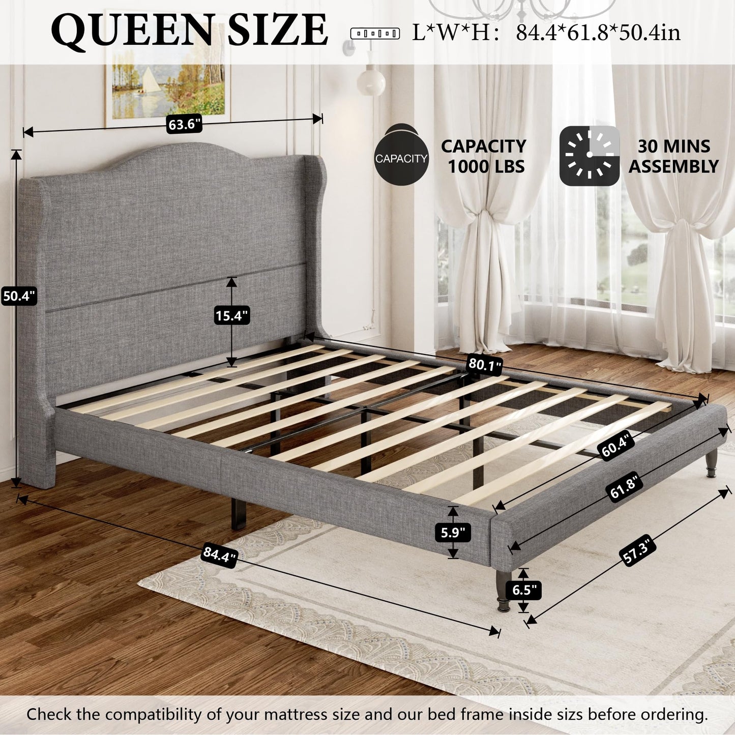 Feuorlwe Queen Size Upholstered Platform Bed Frame, Light Grey