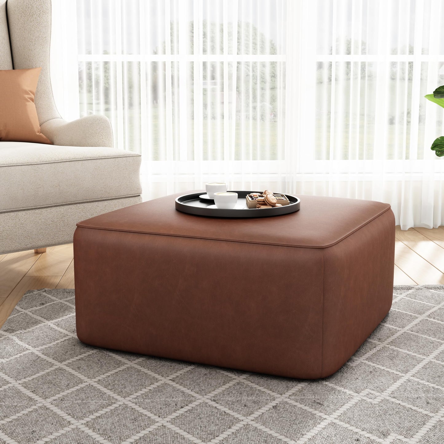 Merax 30" PU Ottoman, Modern Sofa Foot Rest Faux Leather Multifunctional Extra Seat, Side Table, Accent Piece Footstool for Living Room Bedroom