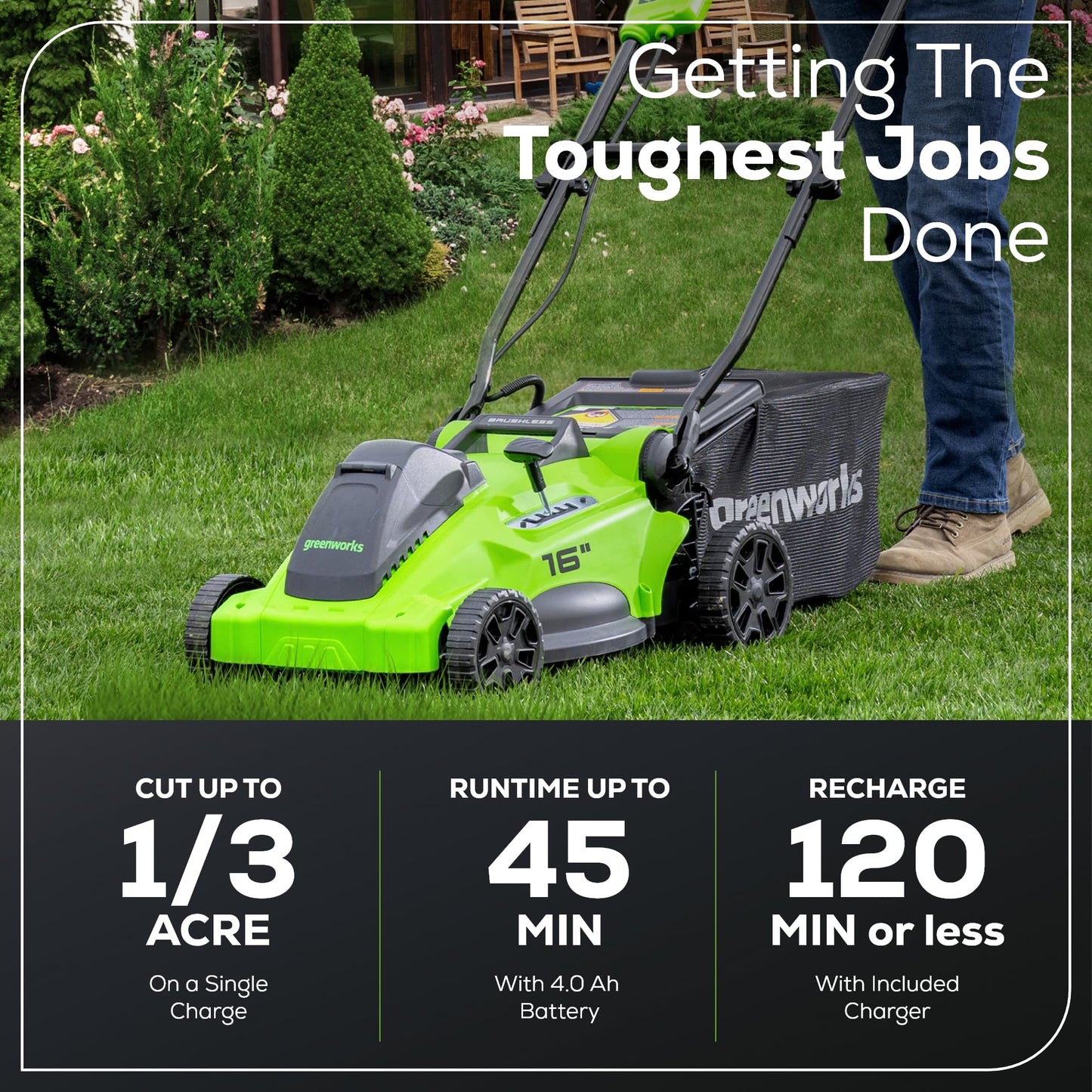 Greenworks 40V 16" Brushless Cordless (Push) Lawn Mower (75+ Compatible Tools), 4.0Ah Battery and Charger Included