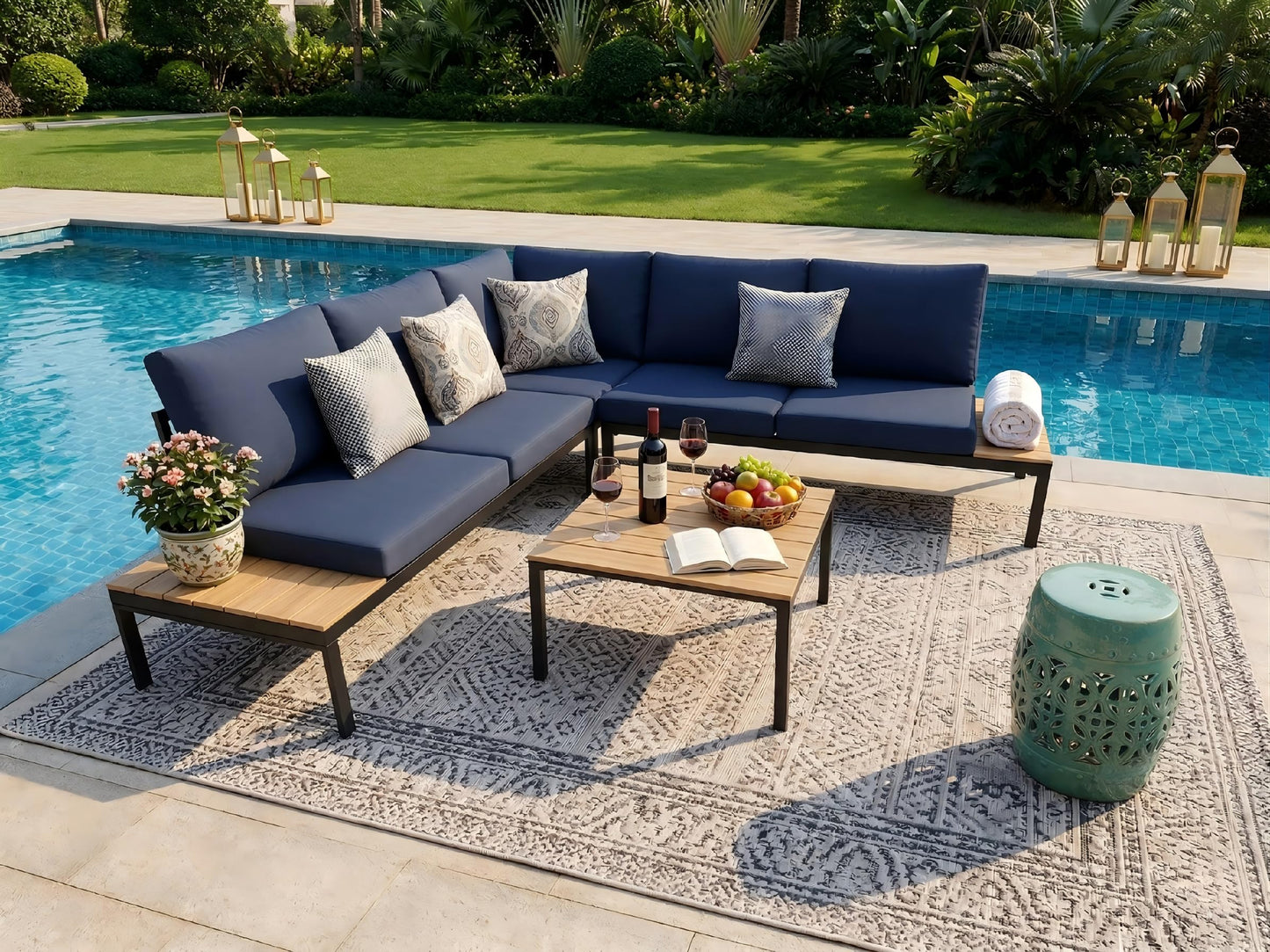 KEIKI 4-Piece L-Shaped Outdoor Patio Furniture Set, Rattan Patio Conversation Set with Coffee Table & 1 Corner Sofa & 2 Double Sofa, Wicker Curved Sectional Sofa Set, for Backyard, Dark Blue