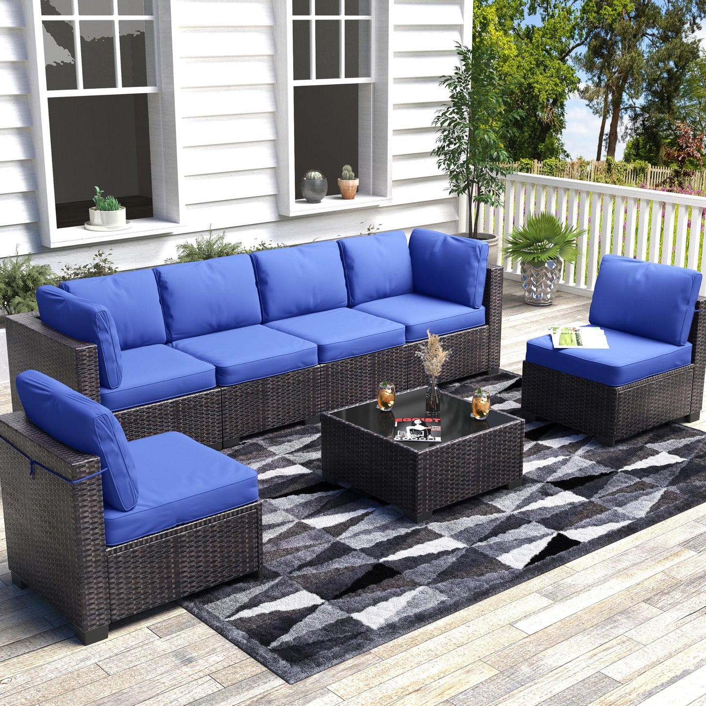 GarveeHome 7 Piece Patio Furniture Set, PE Rattan Wicker Sectional Sofa Set with Cushions & Glass Top Coffee Table, Outdoor Conversation Furniture for Garden, Balcony, Porch, Backyard