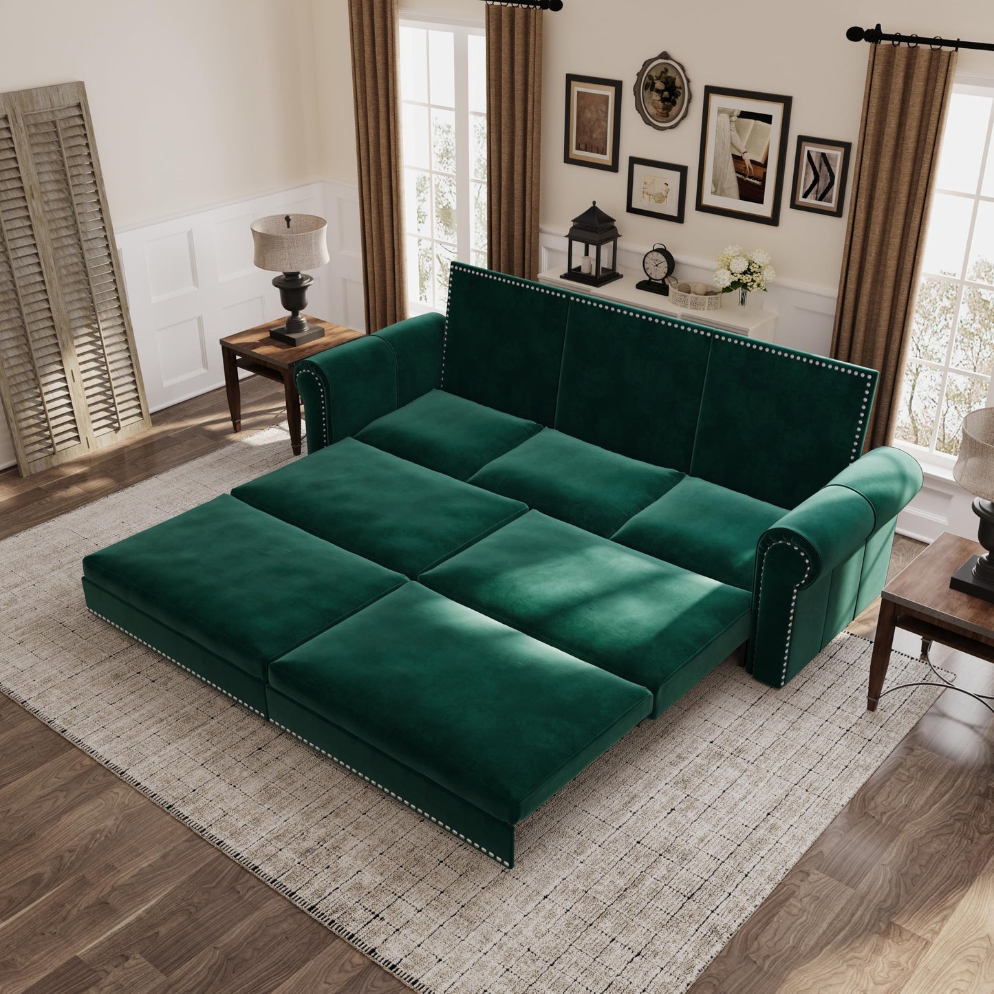 Ball & Cast 3-in-1 Convertible Sofa Bed,93.7" Velvet Pull Out Couch Bed King Size, Loveseat Sleeper Sofa with Nailhead Trim & Rolled Arm,Multi-Functional Sofa Couches for Living Room,Green