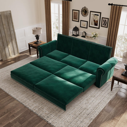 Ball & Cast 3-in-1 Convertible Sofa Bed,93.7" Velvet Pull Out Couch Bed King Size, Loveseat Sleeper Sofa with Nailhead Trim & Rolled Arm,Multi-Functional Sofa Couches for Living Room,Green