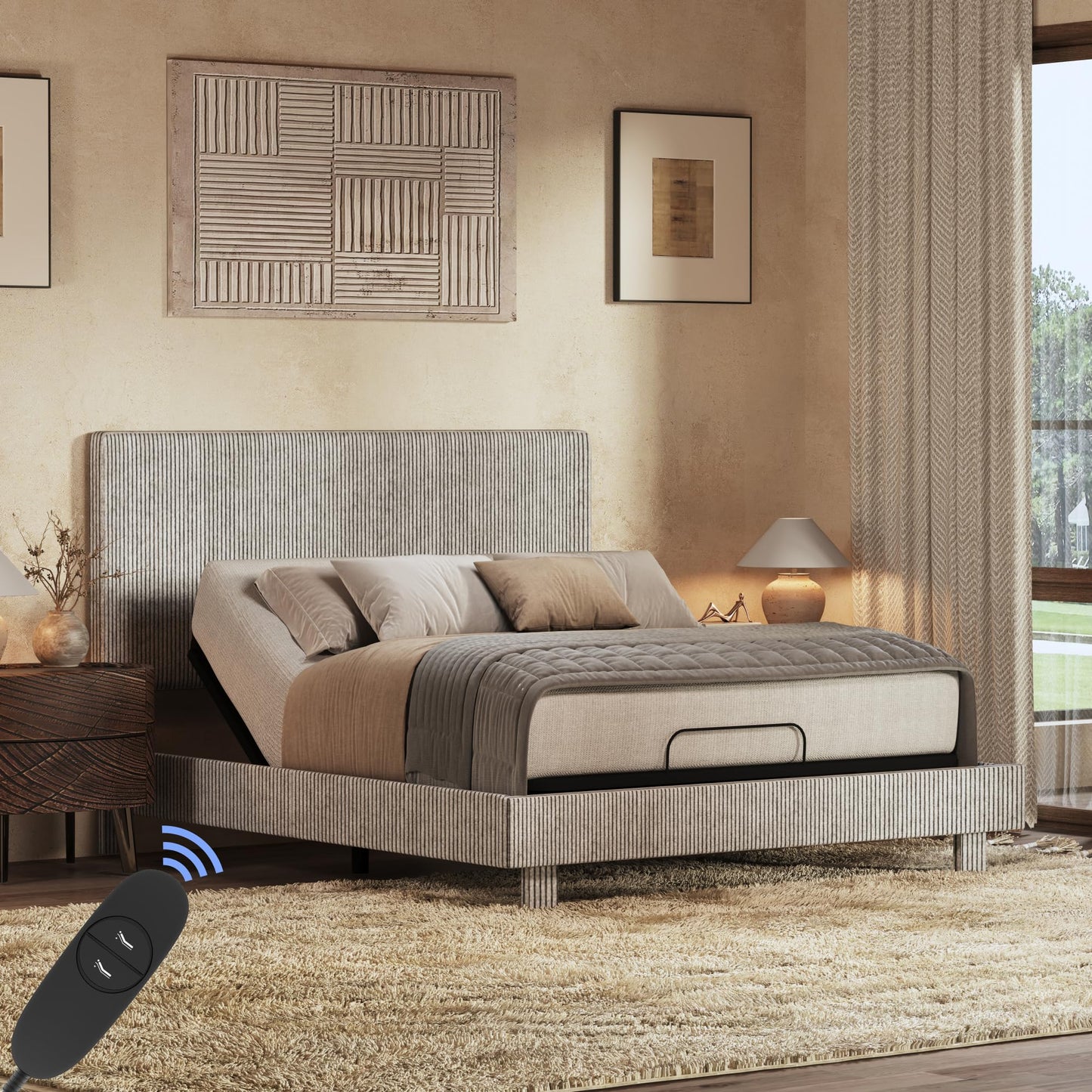 FLEXISPOT Queen All-in-One Adjustable Bed with Velvet Upholstered Bed Frame, Vertical Channel Fluted Headboard, Head & Foot Lift, Adjustable Headboard, Thick Foam Padding, Easy Assembly, Light Grey