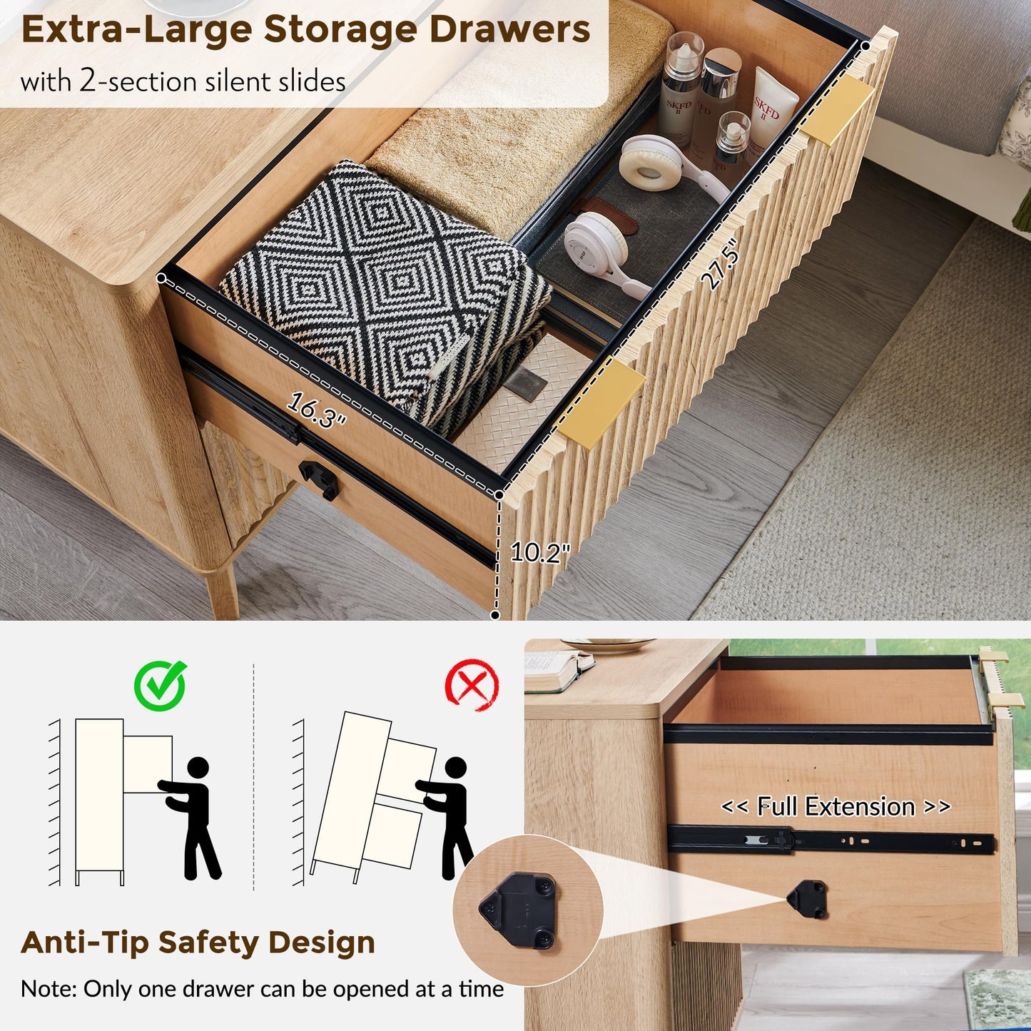 T4TREAM 2 Drawer File Cabinet, 31.8" Fluted Lateral File Cabinet w/Files Hanging Rod for Letter/Legal/A4, Large Tabletop for Printer, Office Wood Printer Cabinets, Natrual Oak
