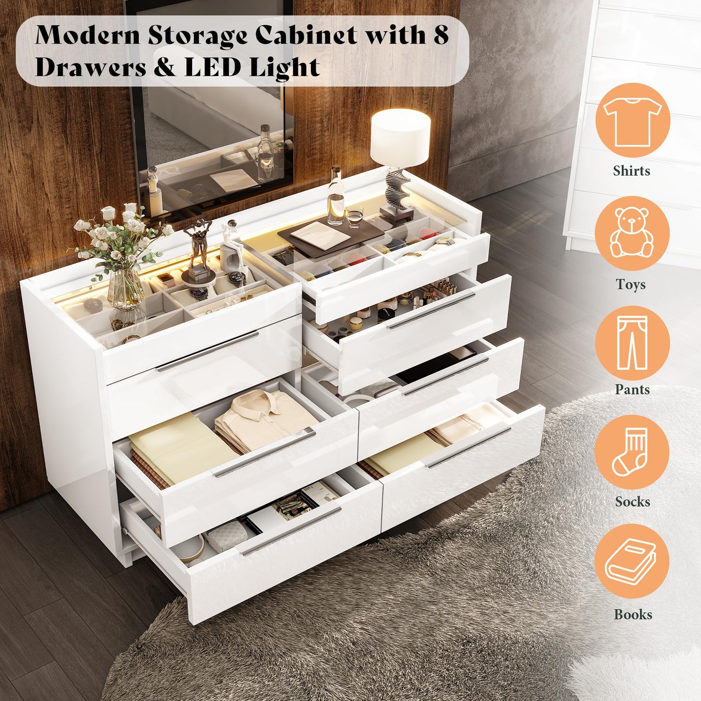 AMERLIFE 4 Piece Bedroom Furniture Set, 2 Nightstands with Charging Station, 8 Drawer Dresser with LED Light & 5 Drawer Chest, Modern High Gloss UV Finish, Bedroom Storage Organizer, White