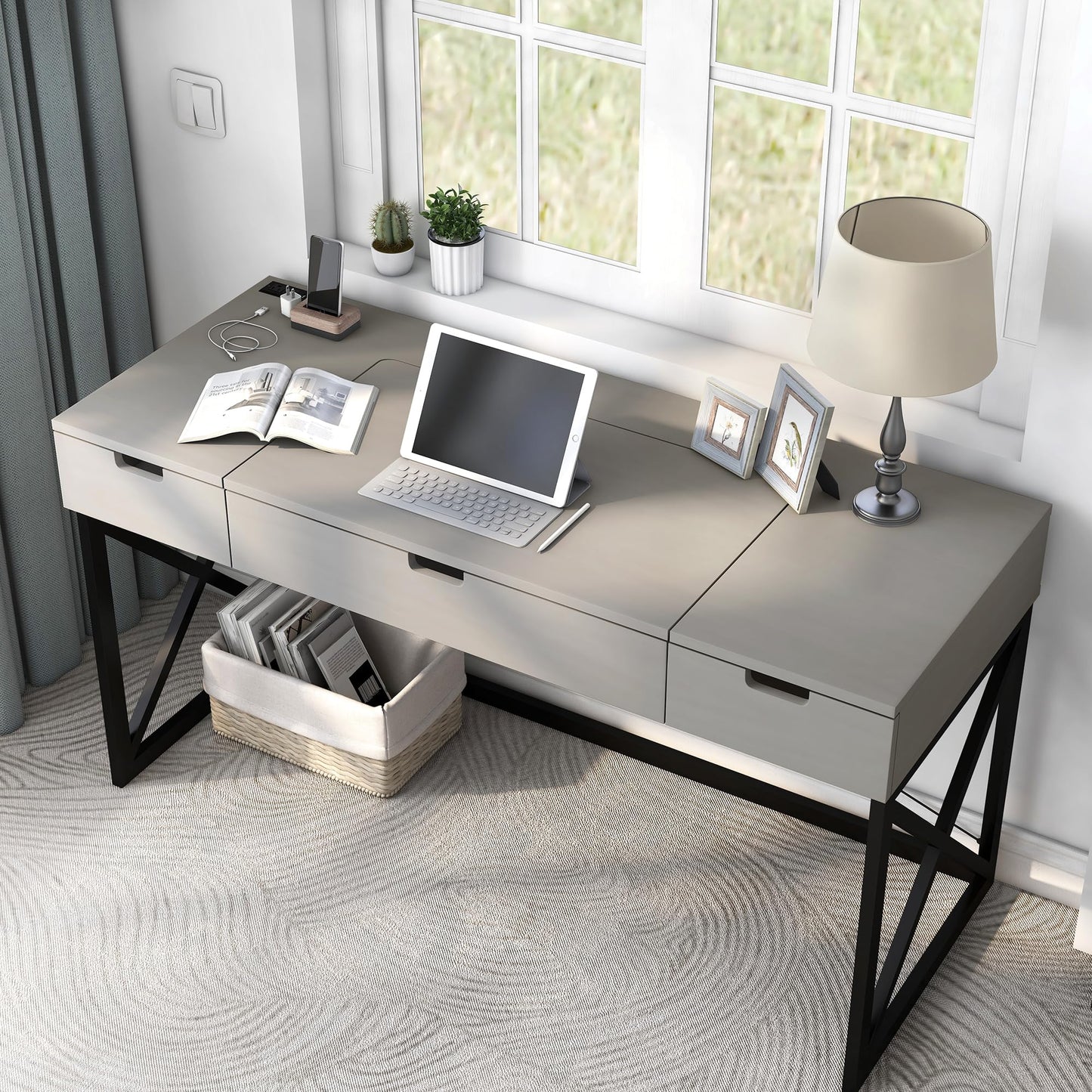 24/7 Shop at Home Ashiya Transitional 2 Drawers Metal Hidden Storage Desk with Lift-Top, USB Port, Power Outlet for Workstation, Home Office, Study Room, Antique Gray