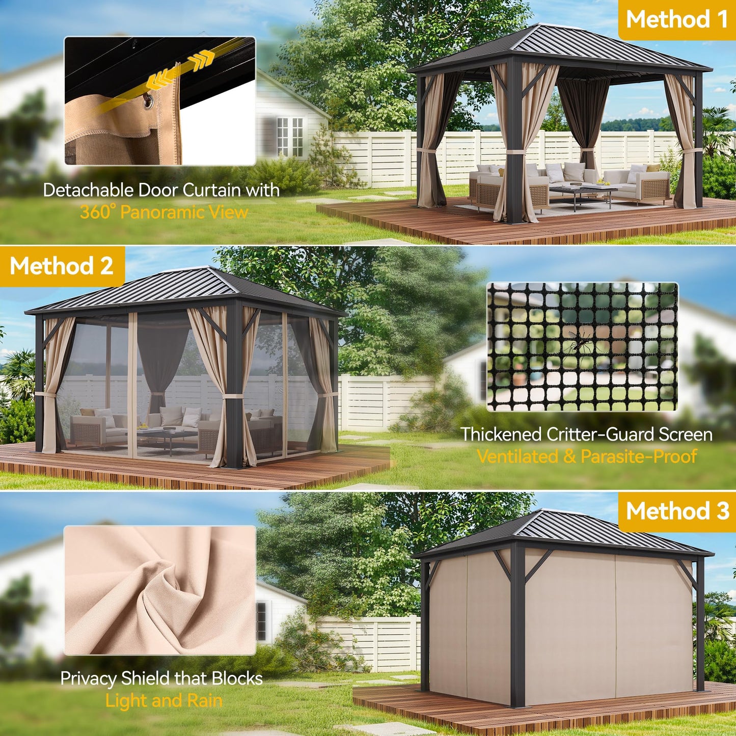 DWVO 10x12ft Gazebo Hardtop with Nettings and Curtains, Heavy Duty Galvanized Steel Outdoor Vertical Stripes Roof for Patio, Backyard, Deck, Lawns, Brown
