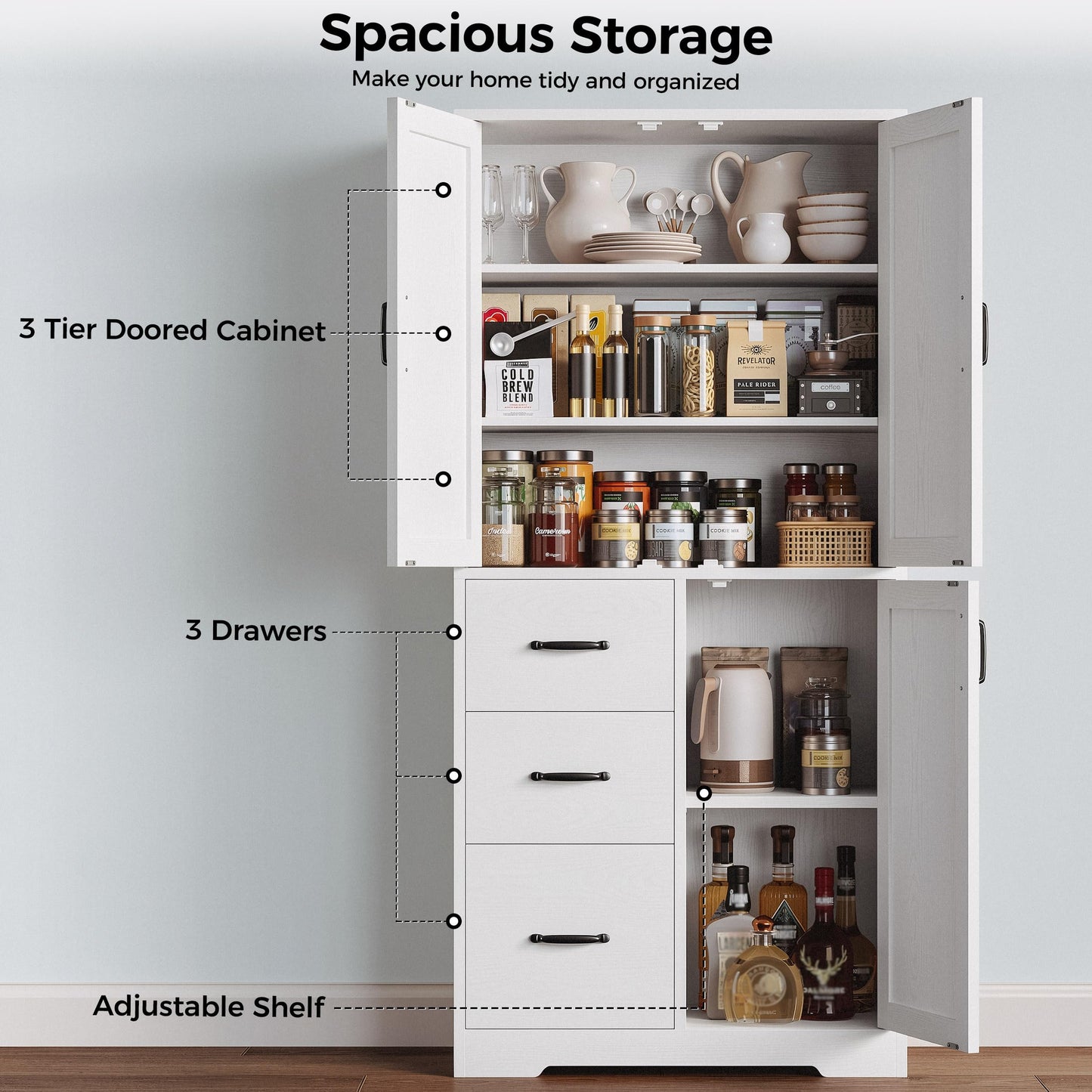 IRONCK Pantry Cabinet, 67.5 inch Tall Storage Cabinet with 3 Doors & Drawers, Farmhouse Kitchen Cabinet with Adjustable Shelves, 5 Tier Freestanding Cupboard for Kitchen, White