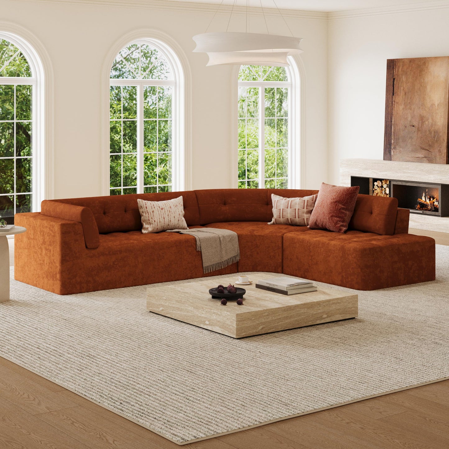 Merax 119" L-Shaped Curved Sectional Sofa Set | 4 Seat Modern Minimalist Tufted Cloud Couch with Chaise Lounge | Fully Upholstered Arms | Right-Hand Facing Foam | No-Tools Assembly, Dark Orange